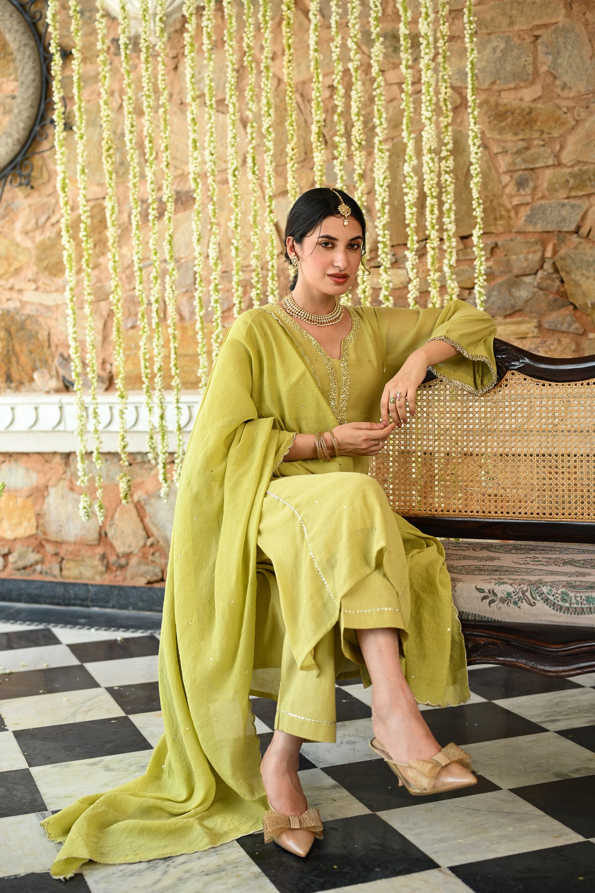 Yellowish Green with Beads Pearl Work Scallope Dupatta Suit Set