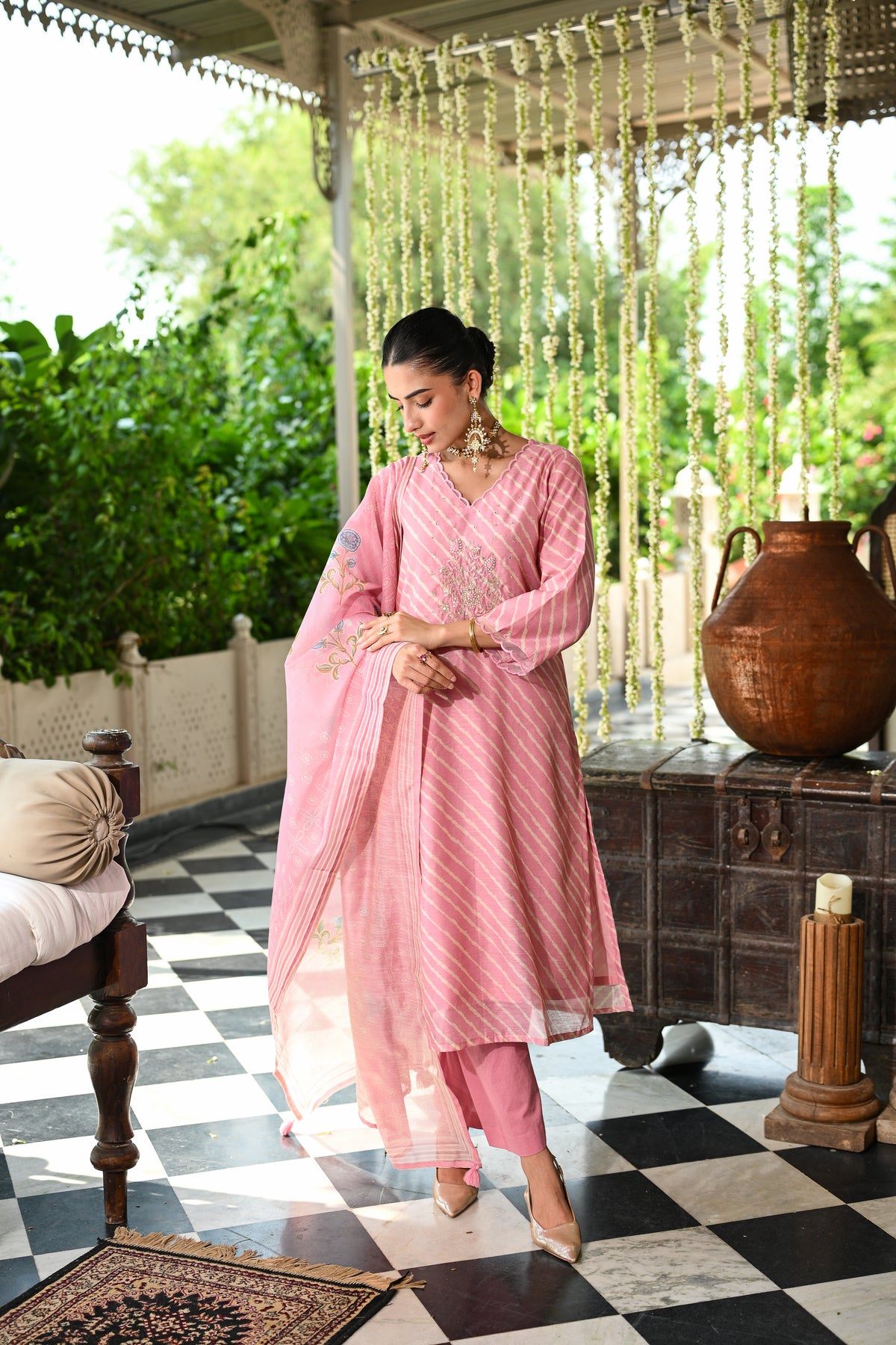 Pink Lehariya Gota Work with Block Printed Dupatta Suit