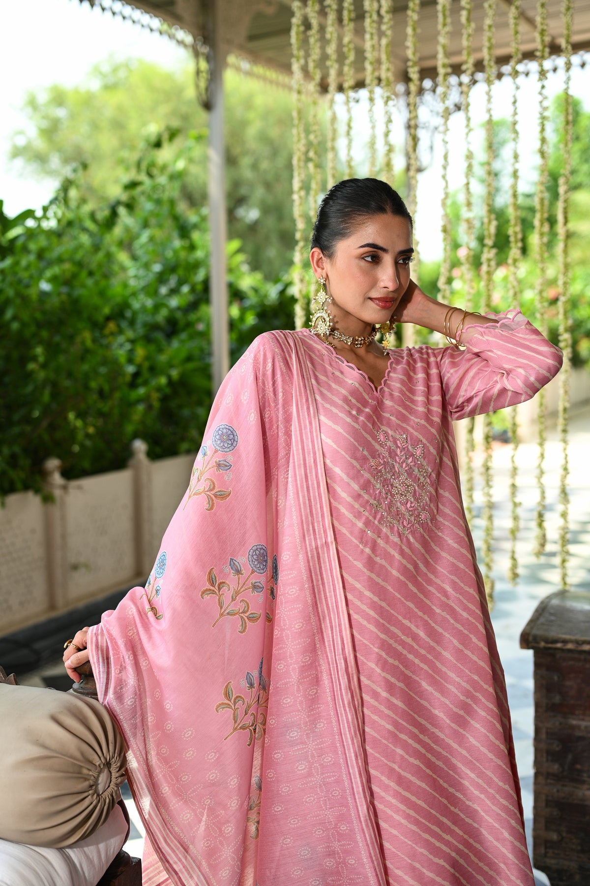Pink Lehariya Gota Work with Block Printed Dupatta Suit