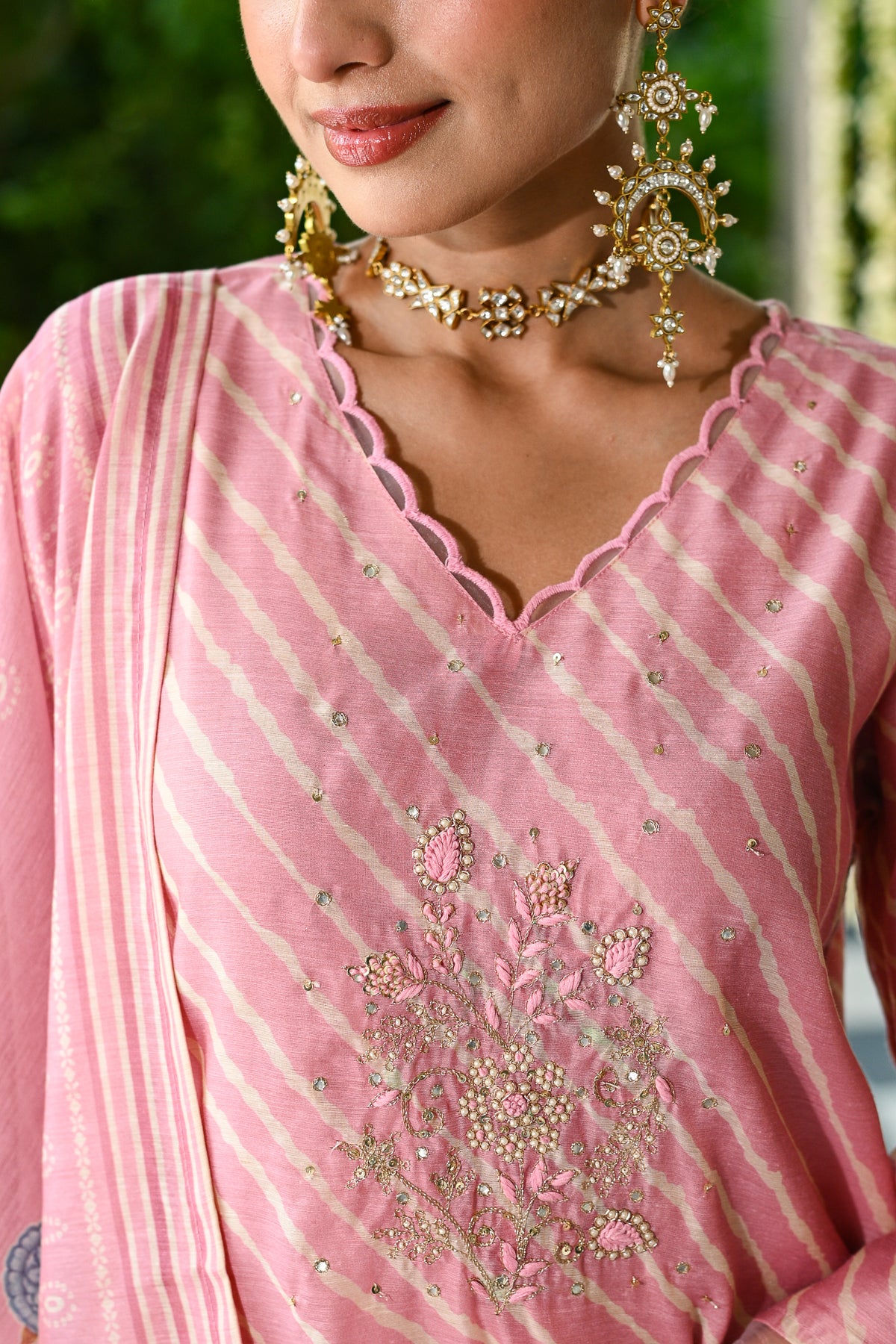 Pink Lehariya Gota Work with Block Printed Dupatta Suit