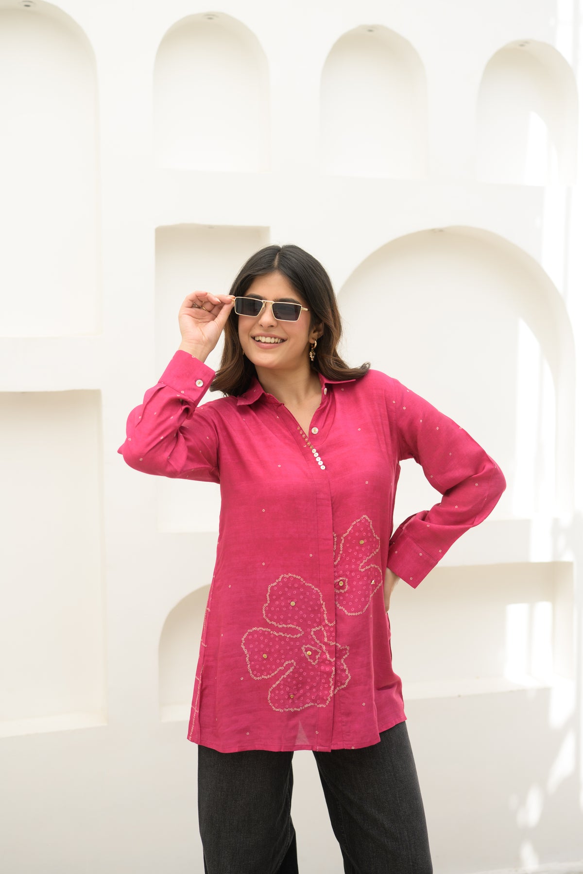Fuchsia Pink Bandhani Bloom Kurta Shirt