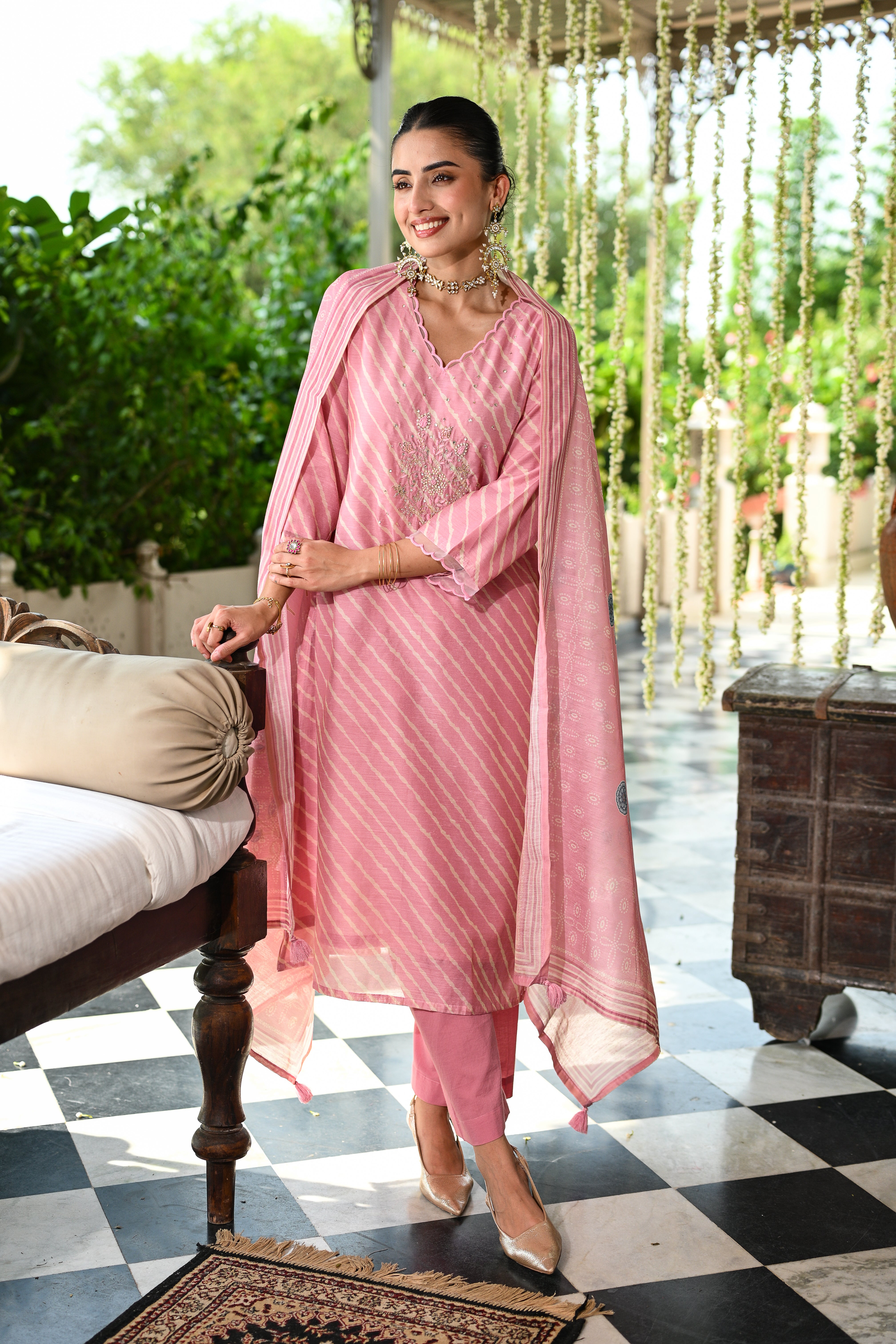 Pink Lehariya Gota Work with Block Printed Dupatta Suit
