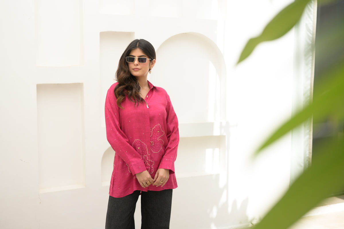 Fuchsia Pink Bandhani Bloom Kurta Shirt