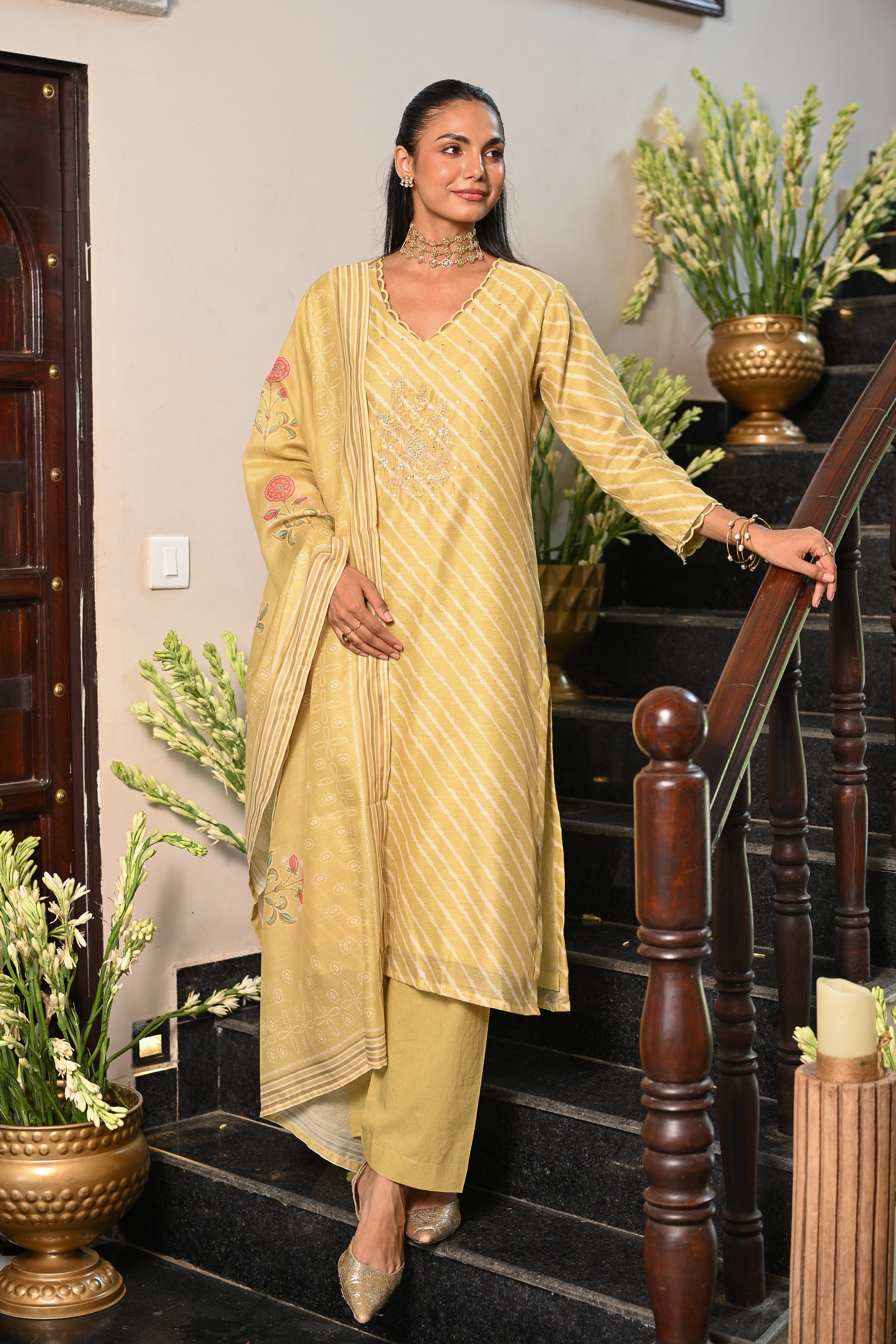 Lime Green Lehariya Gota Work with Block Printed Dupatta Suit