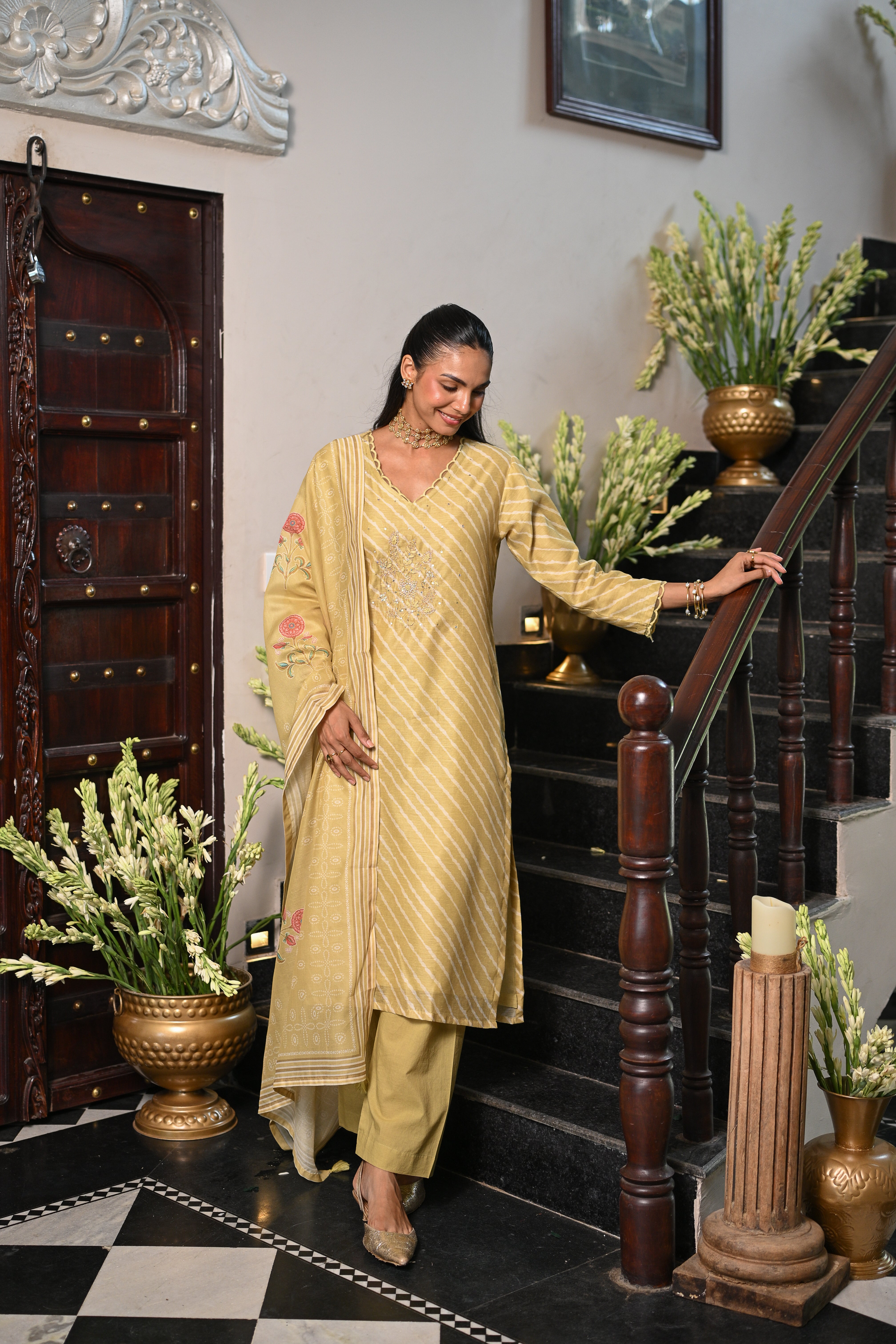 Lime Green Lehariya Gota Work with Block Printed Dupatta Suit