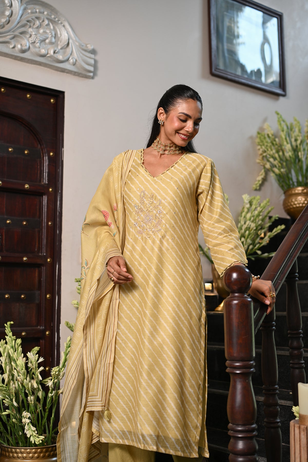 Lime Green Lehariya Gota Work with Block Printed Dupatta Suit
