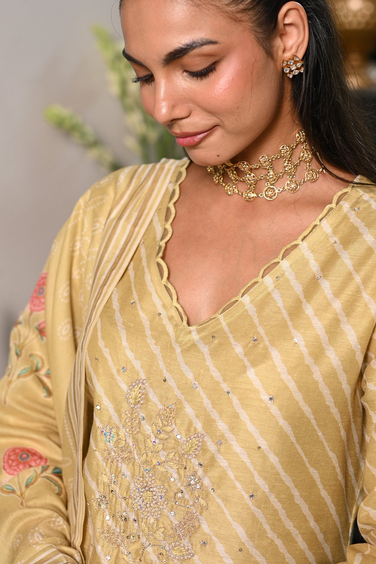 Lime Green Lehariya Gota Work with Block Printed Dupatta Suit