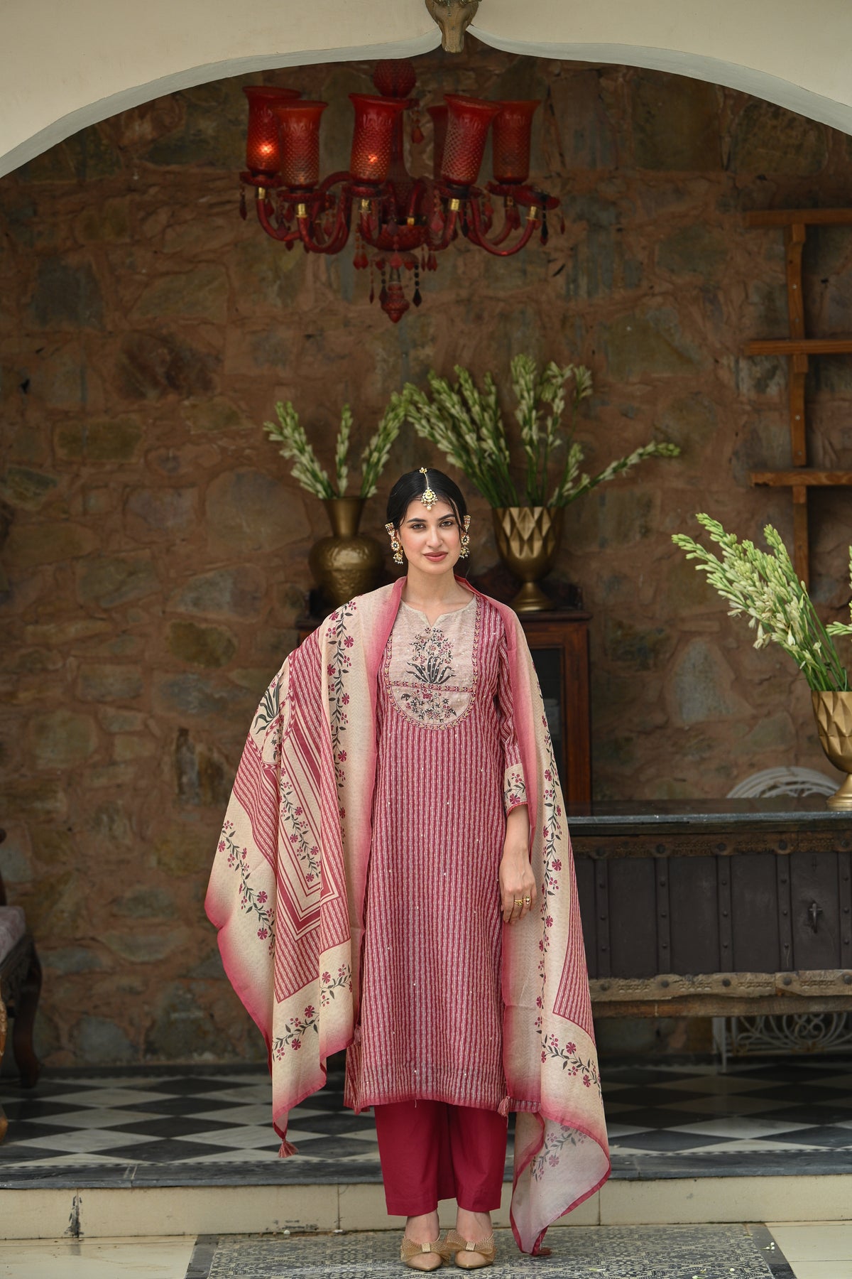 Maroon Stripes Block Print with Floral Placement and Spread Gota Work Chanderi Suit Set