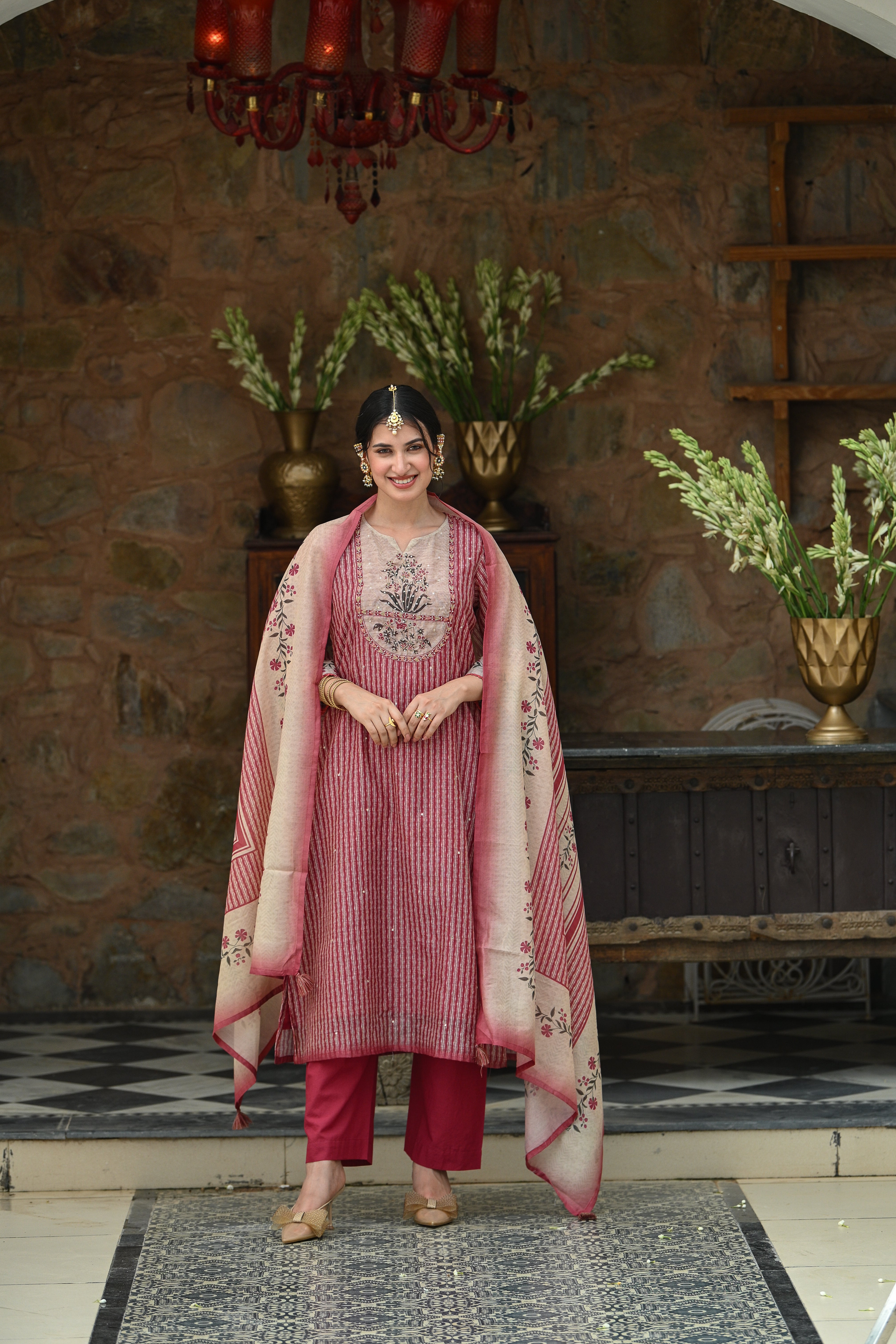 Maroon Stripes Block Print with Floral Placement and Spread Gota Work Chanderi Suit Set