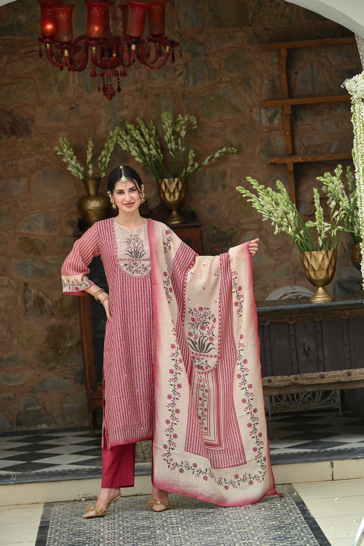 Maroon Stripes Block Print with Floral Placement and Spread Gota Work Chanderi Suit Set