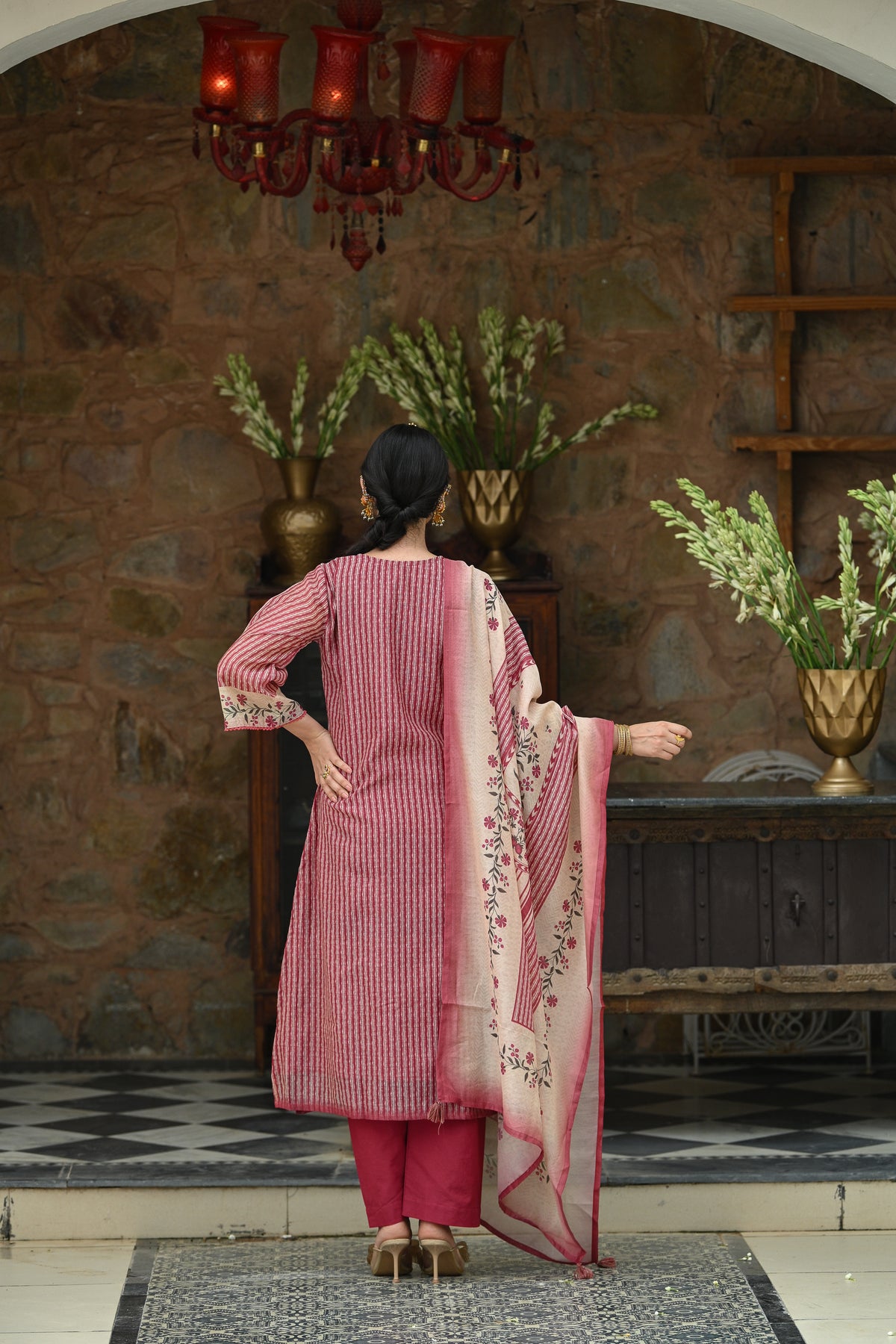 Maroon Stripes Block Print with Floral Placement and Spread Gota Work Chanderi Suit Set