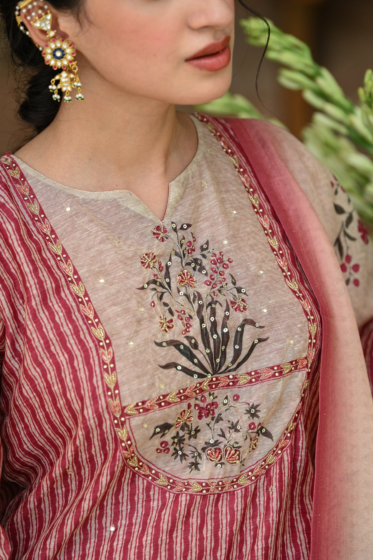 Maroon Stripes Block Print with Floral Placement and Spread Gota Work Chanderi Suit Set
