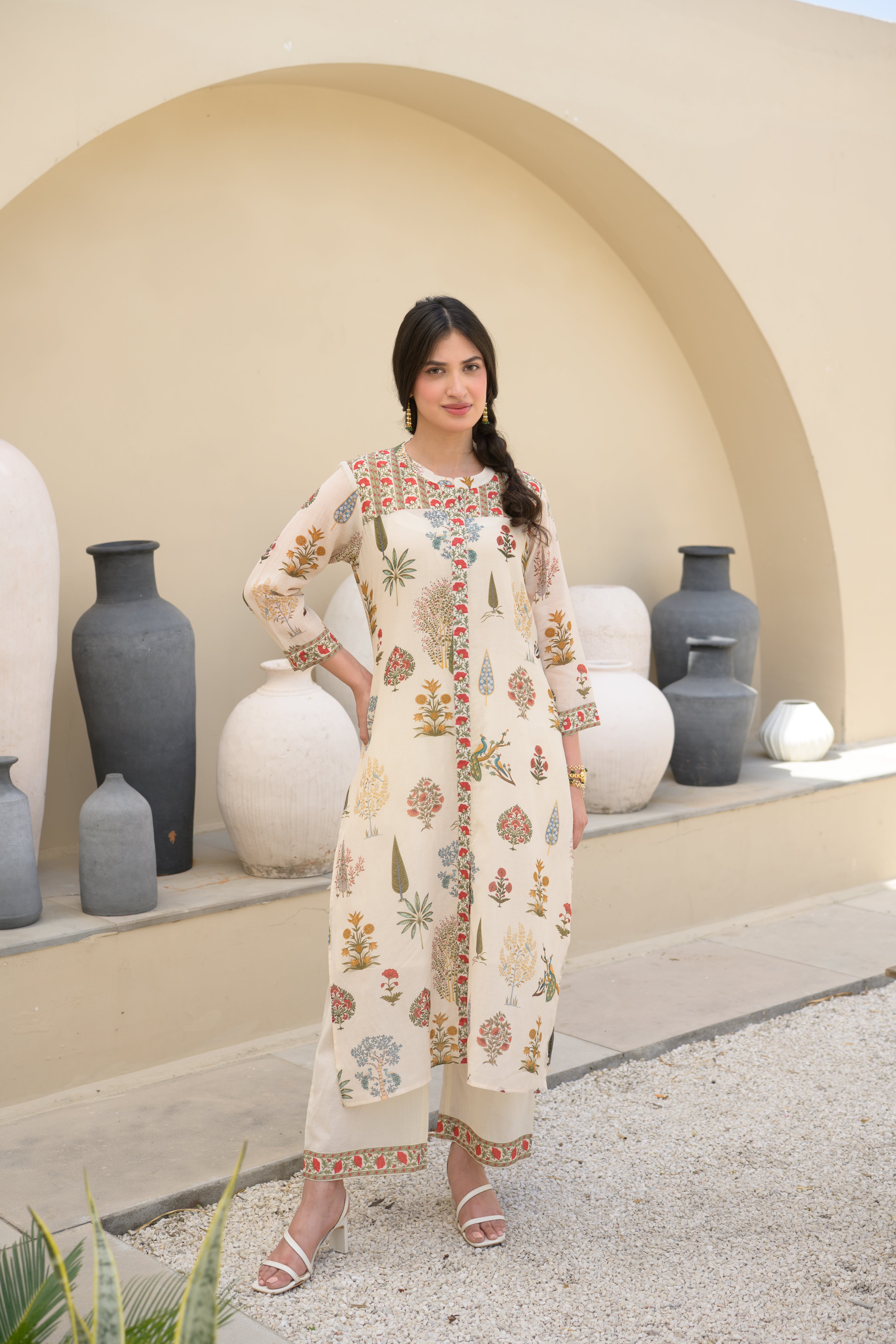Off White Mughal and Temple Block Print Mul Chanderi Kurta Set