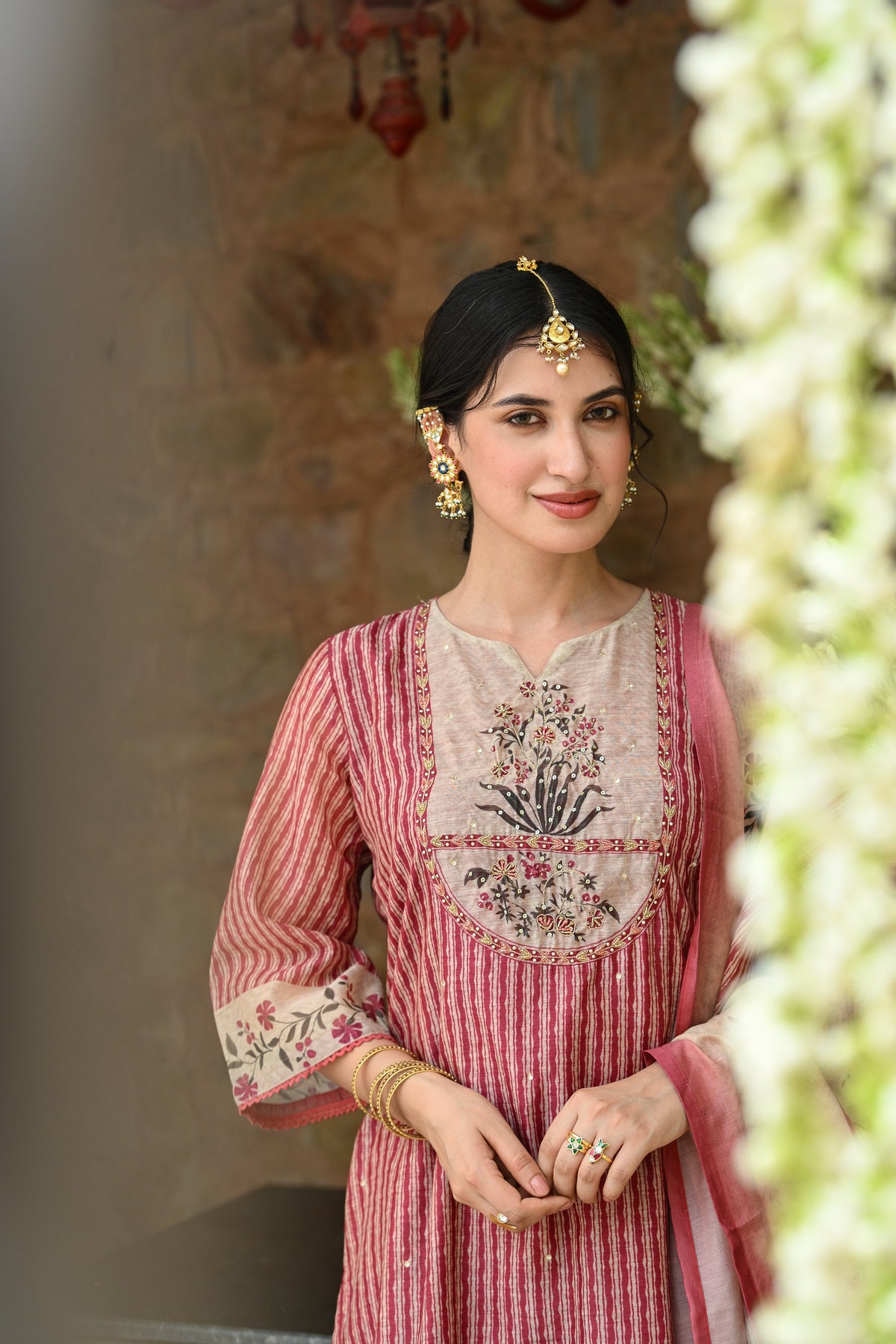 Maroon Stripes Block Print with Floral Placement and Spread Gota Work Chanderi Suit Set