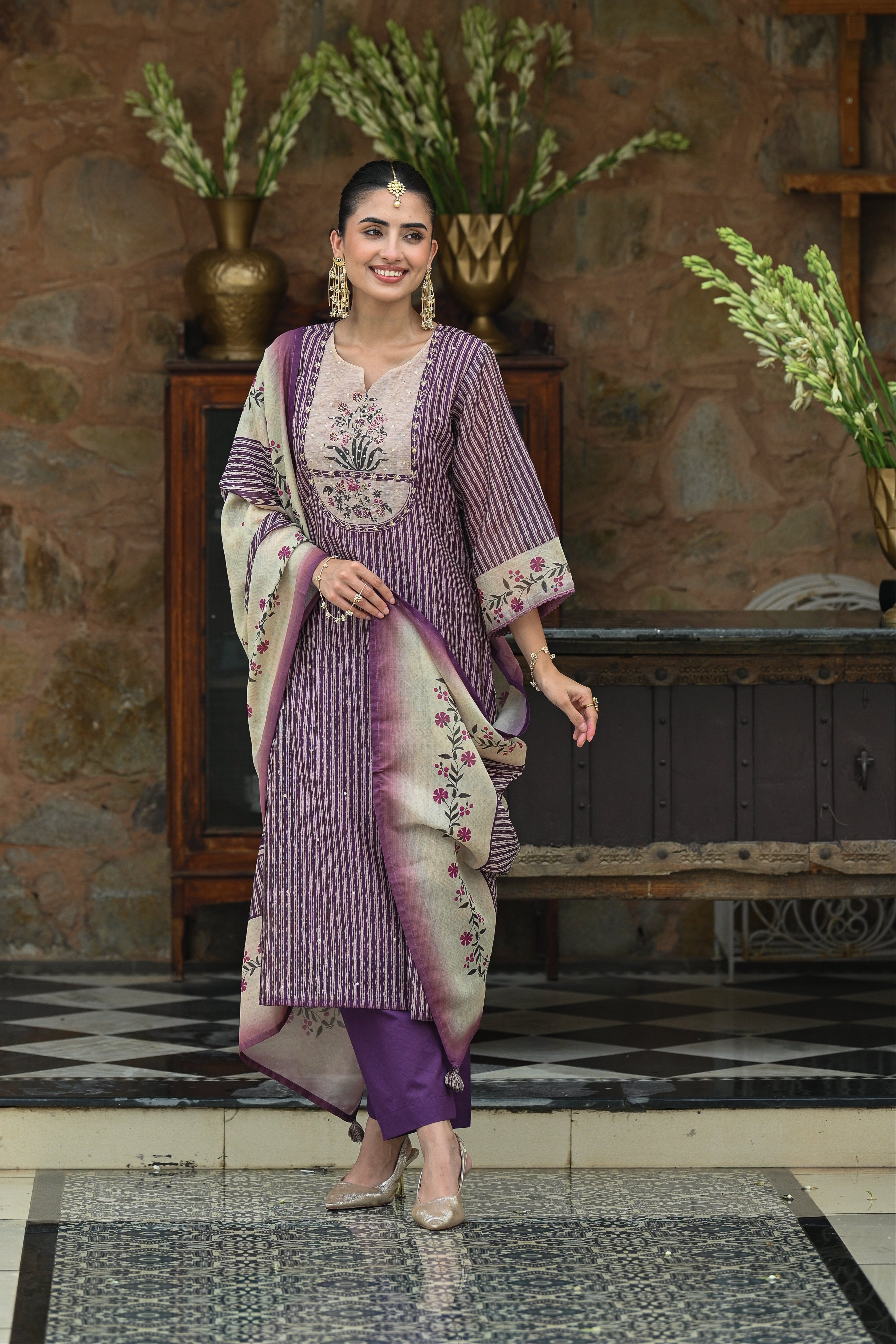 Purple Stripes Block Print with Floral Placement and Spread Gota Work Chanderi Suit Set