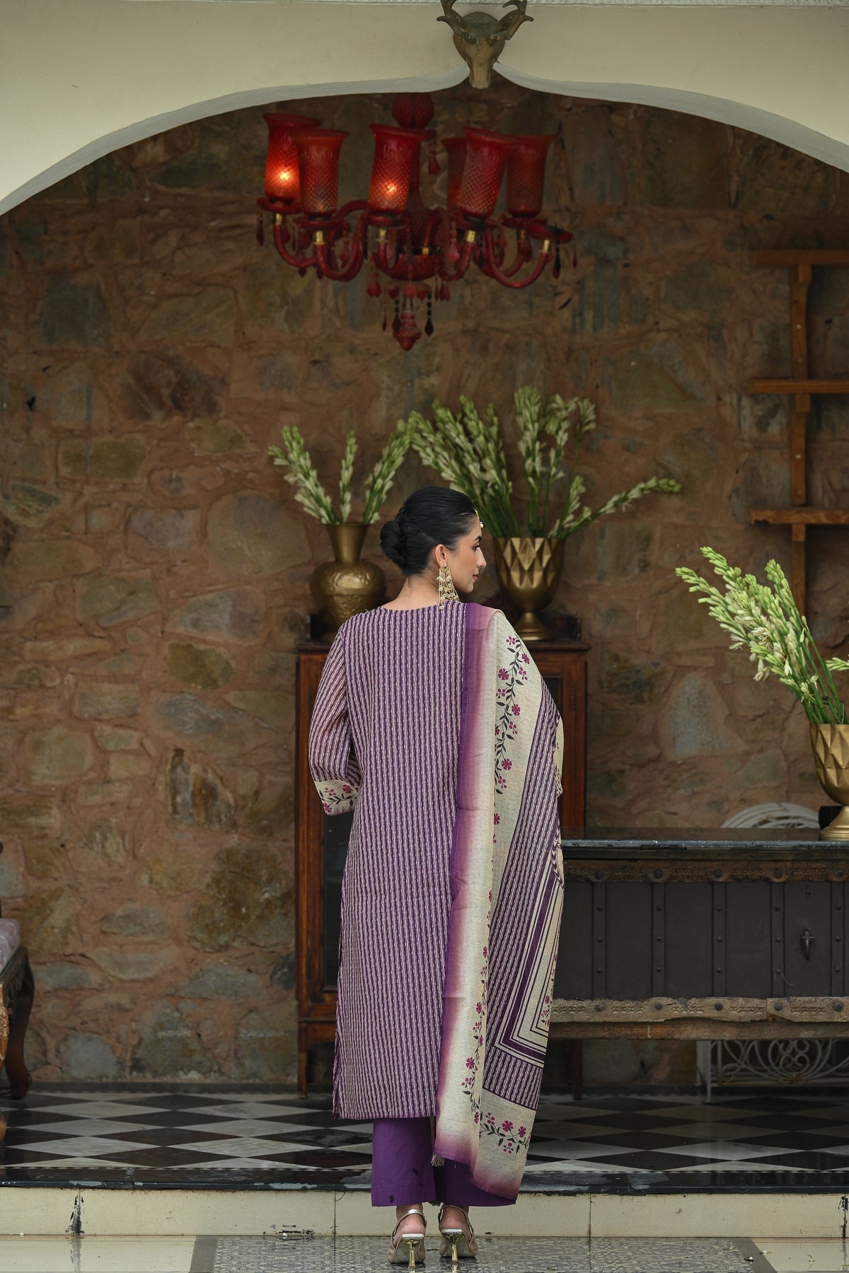Purple Stripes Block Print with Floral Placement and Spread Gota Work Chanderi Suit Set