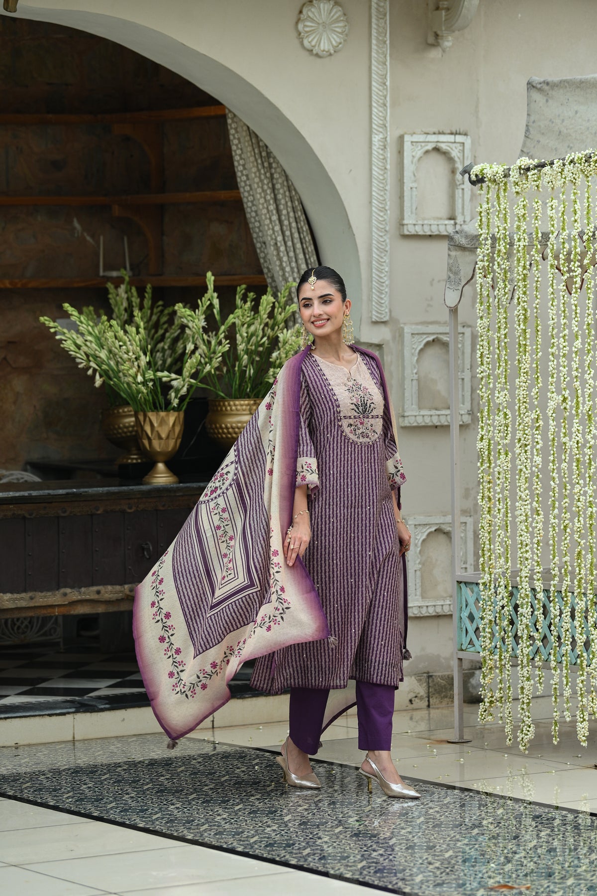 Purple Stripes Block Print with Floral Placement and Spread Gota Work Chanderi Suit Set