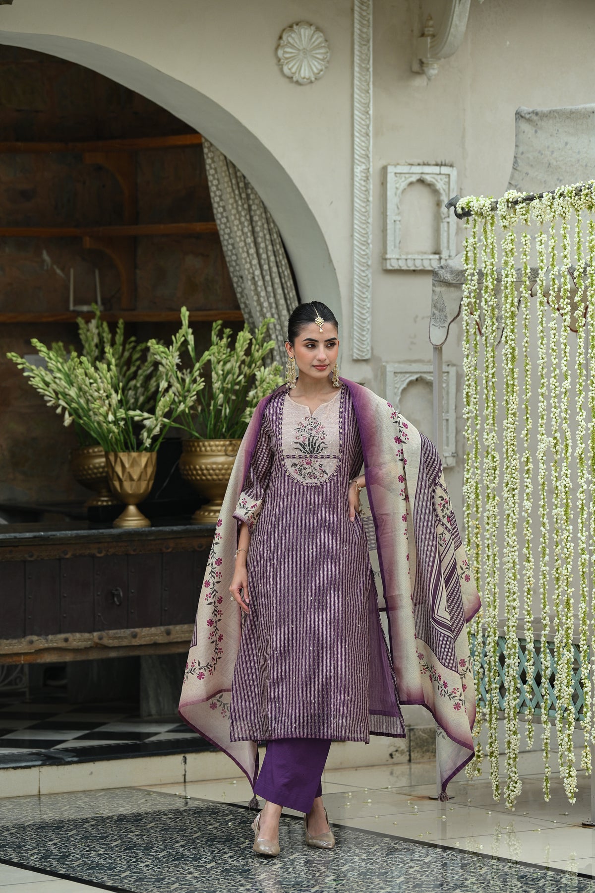 Purple Stripes Block Print with Floral Placement and Spread Gota Work Chanderi Suit Set