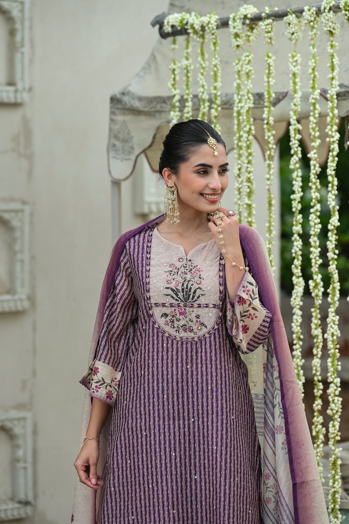 Purple Stripes Block Print with Floral Placement and Spread Gota Work Chanderi Suit Set