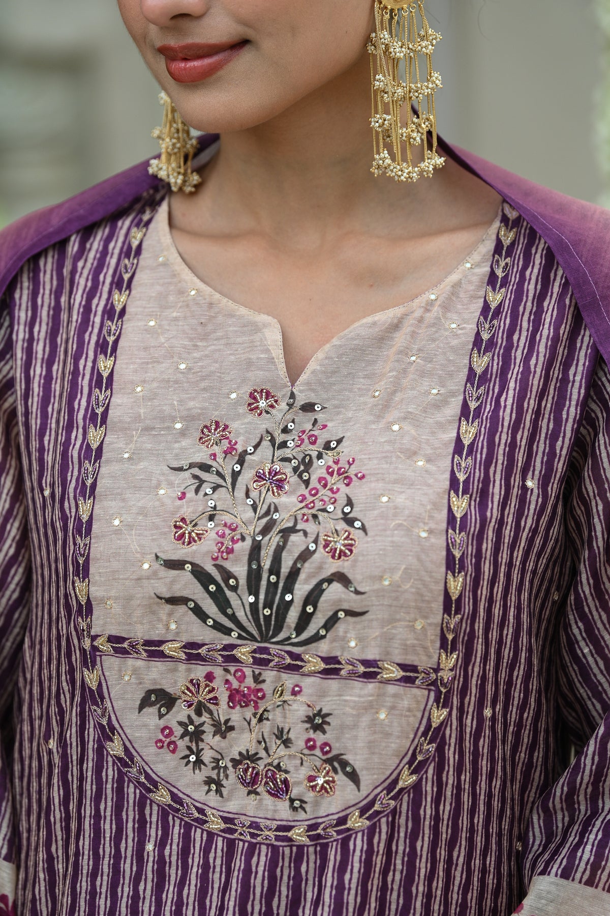 Purple Stripes Block Print with Floral Placement and Spread Gota Work Chanderi Suit Set