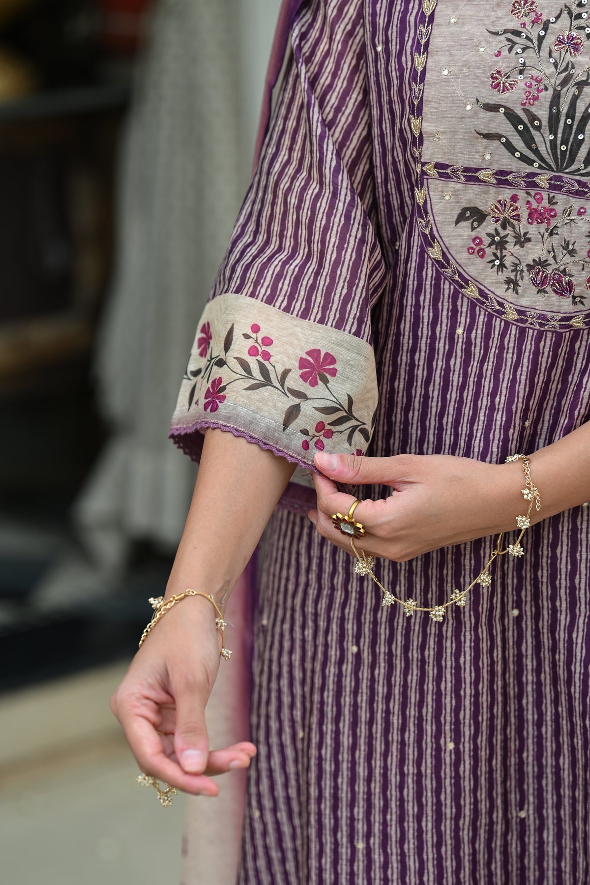 Purple Stripes Block Print with Floral Placement and Spread Gota Work Chanderi Suit Set