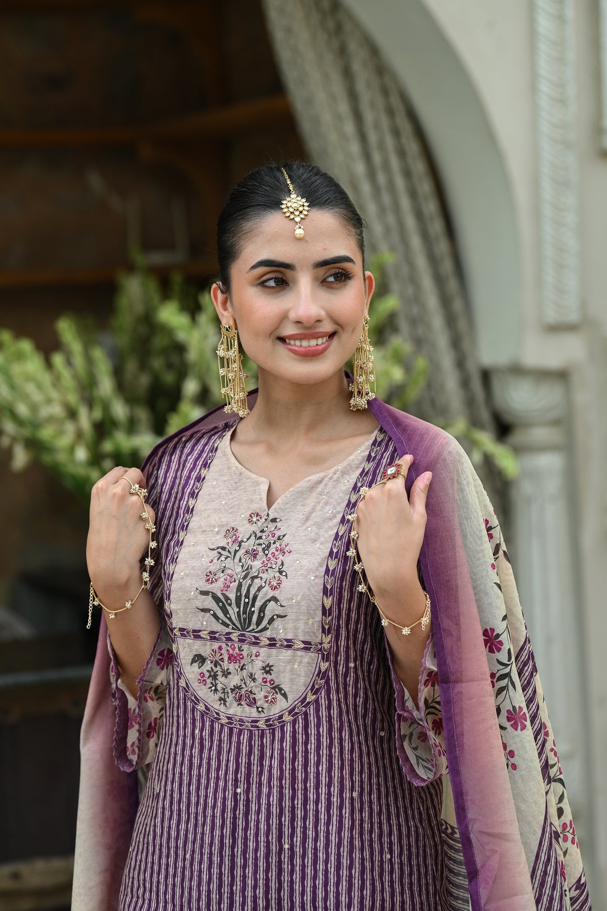 Purple Stripes Block Print with Floral Placement and Spread Gota Work Chanderi Suit Set