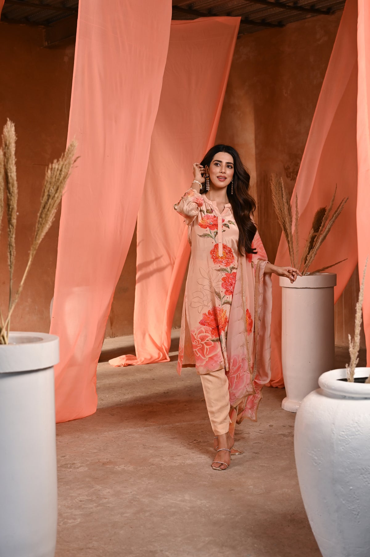 Peach Floral Print Crepe Suit with Scallaop Gota and Tari Work Dupatta