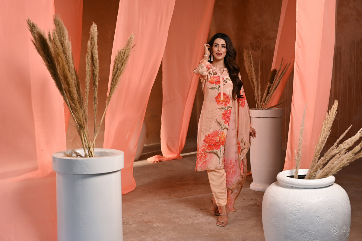 Peach Floral Print Crepe Suit with Scallaop Gota and Tari Work Dupatta