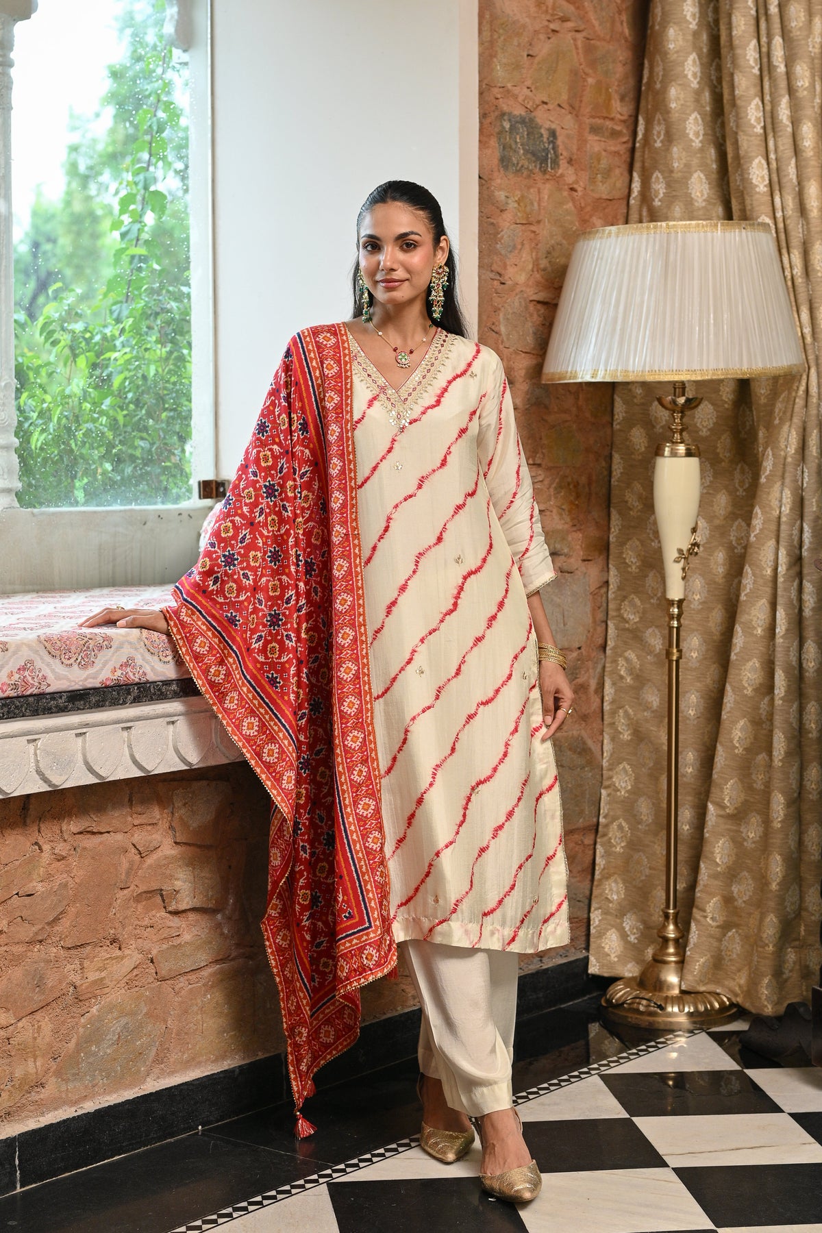 Red  Lehariya with Patola print dupatta Dola silk with Gota and Hand Work on Neck Suit Set