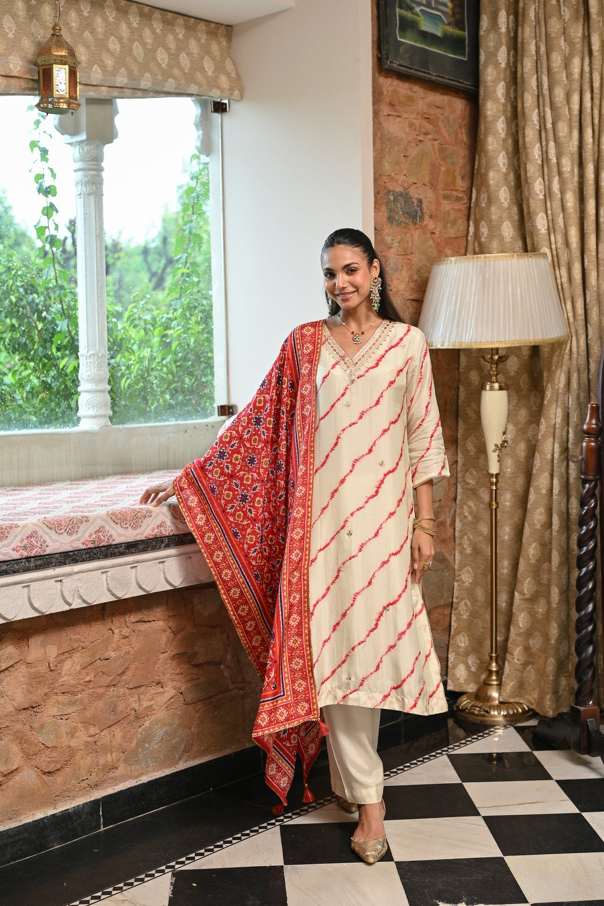 Red  Lehariya with Patola print dupatta Dola silk with Gota and Hand Work on Neck Suit Set