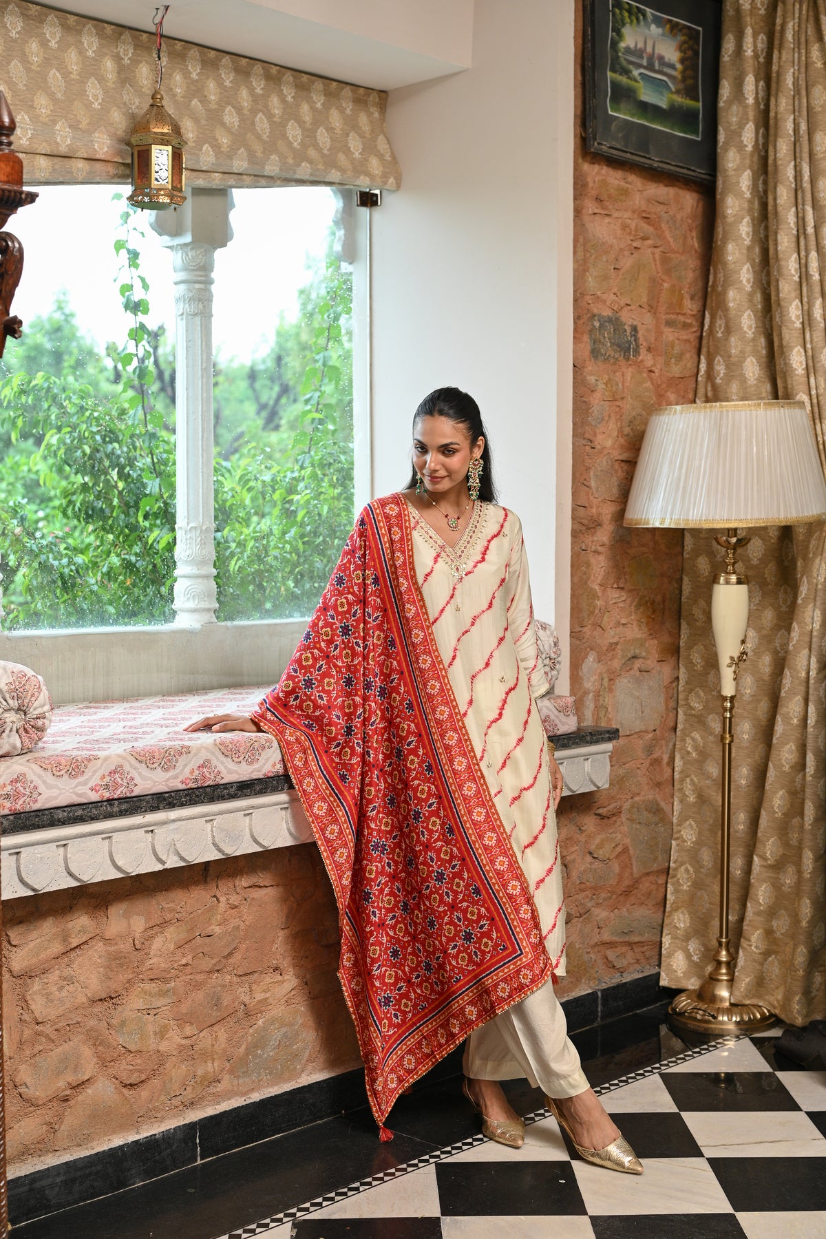 Red  Lehariya with Patola print dupatta Dola silk with Gota and Hand Work on Neck Suit Set