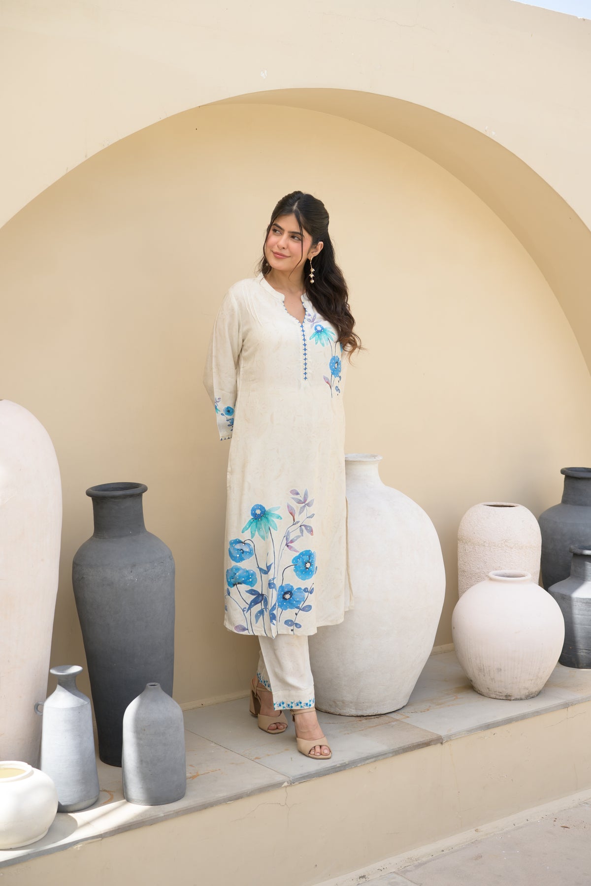 Off White Blue Floral Placement with Sequence and Tari work Muslin Kurta Set