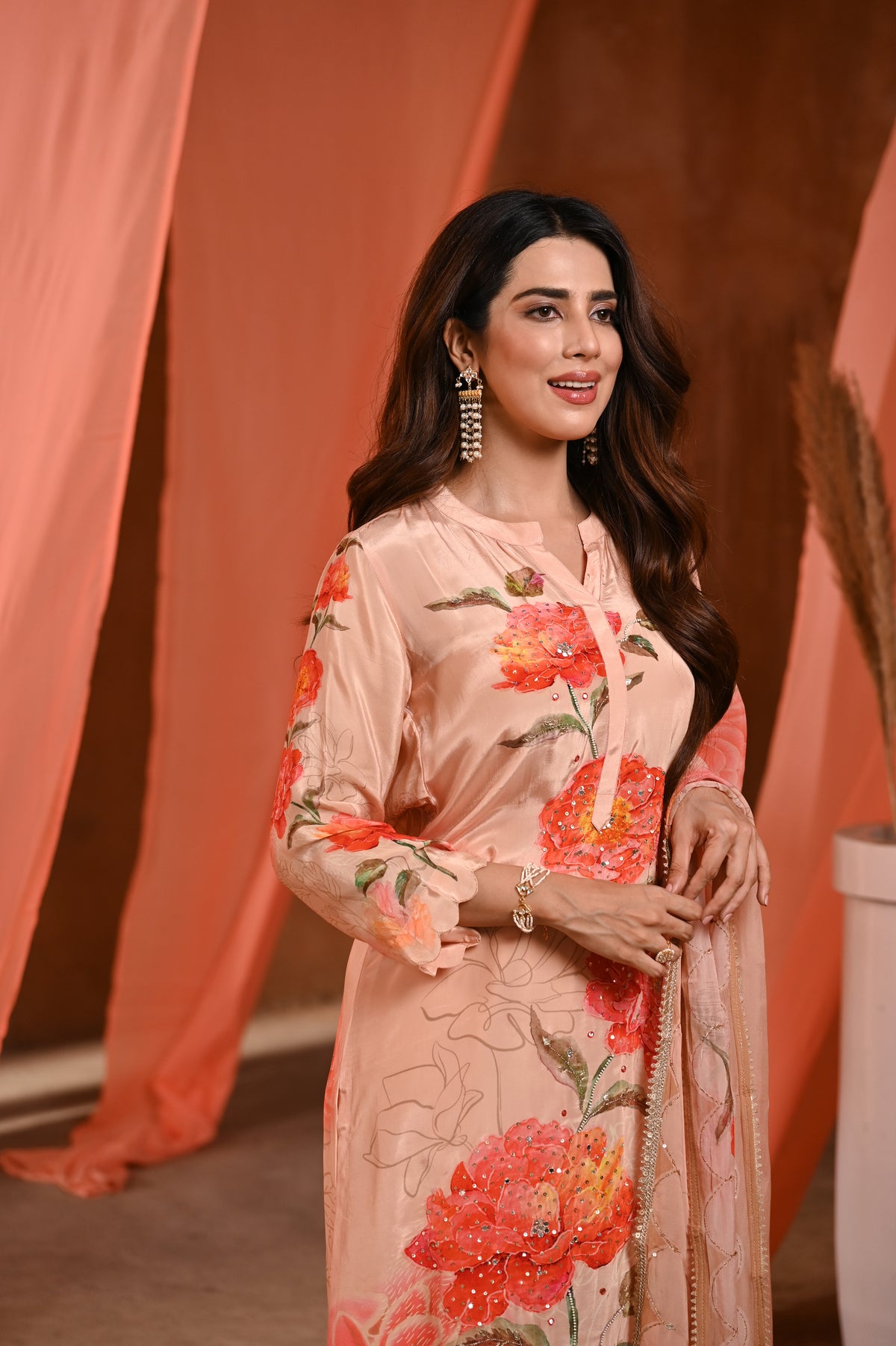Peach Floral Print Crepe Suit with Scallaop Gota and Tari Work Dupatta
