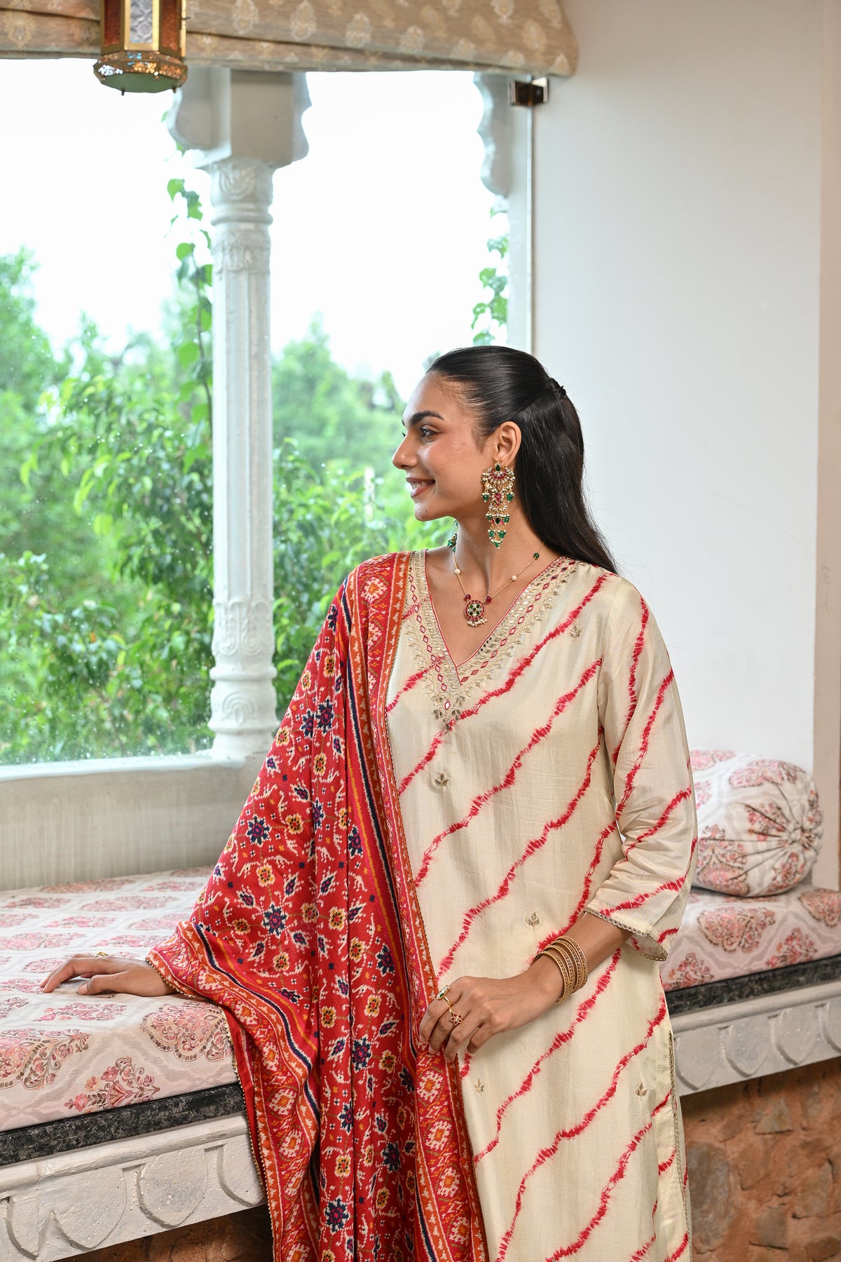 Red  Lehariya with Patola print dupatta Dola silk with Gota and Hand Work on Neck Suit Set