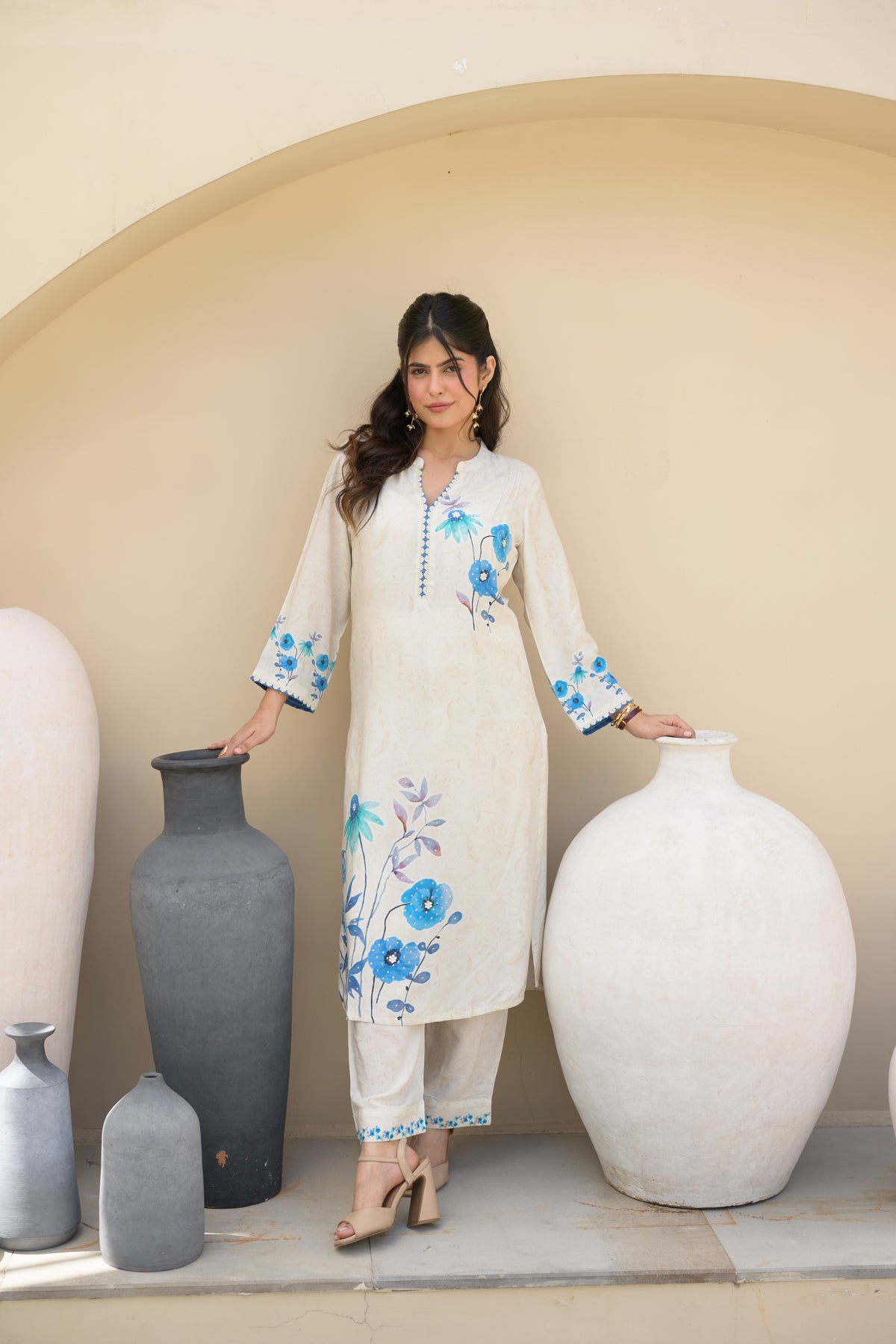 Off White Blue Floral Placement with Sequence and Tari work Muslin Kurta Set