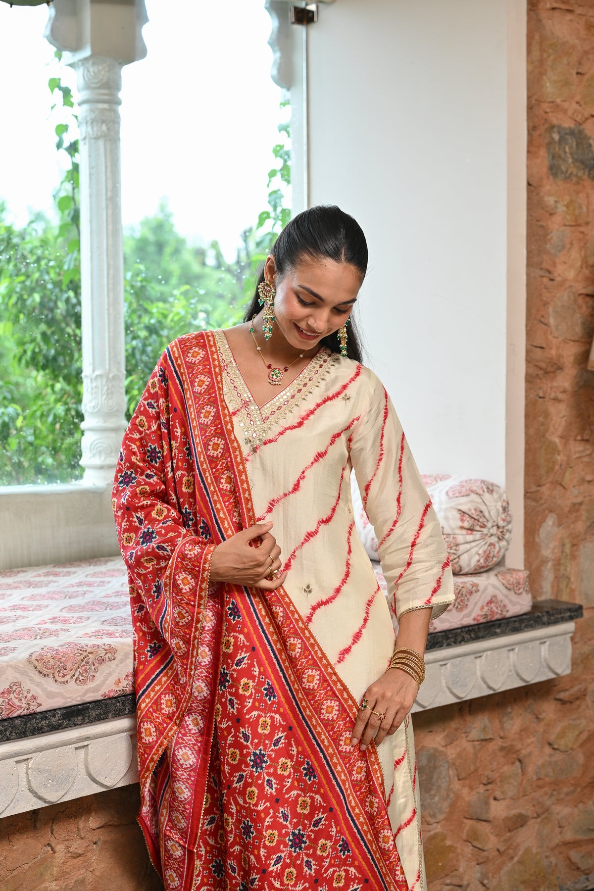 Red  Lehariya with Patola print dupatta Dola silk with Gota and Hand Work on Neck Suit Set