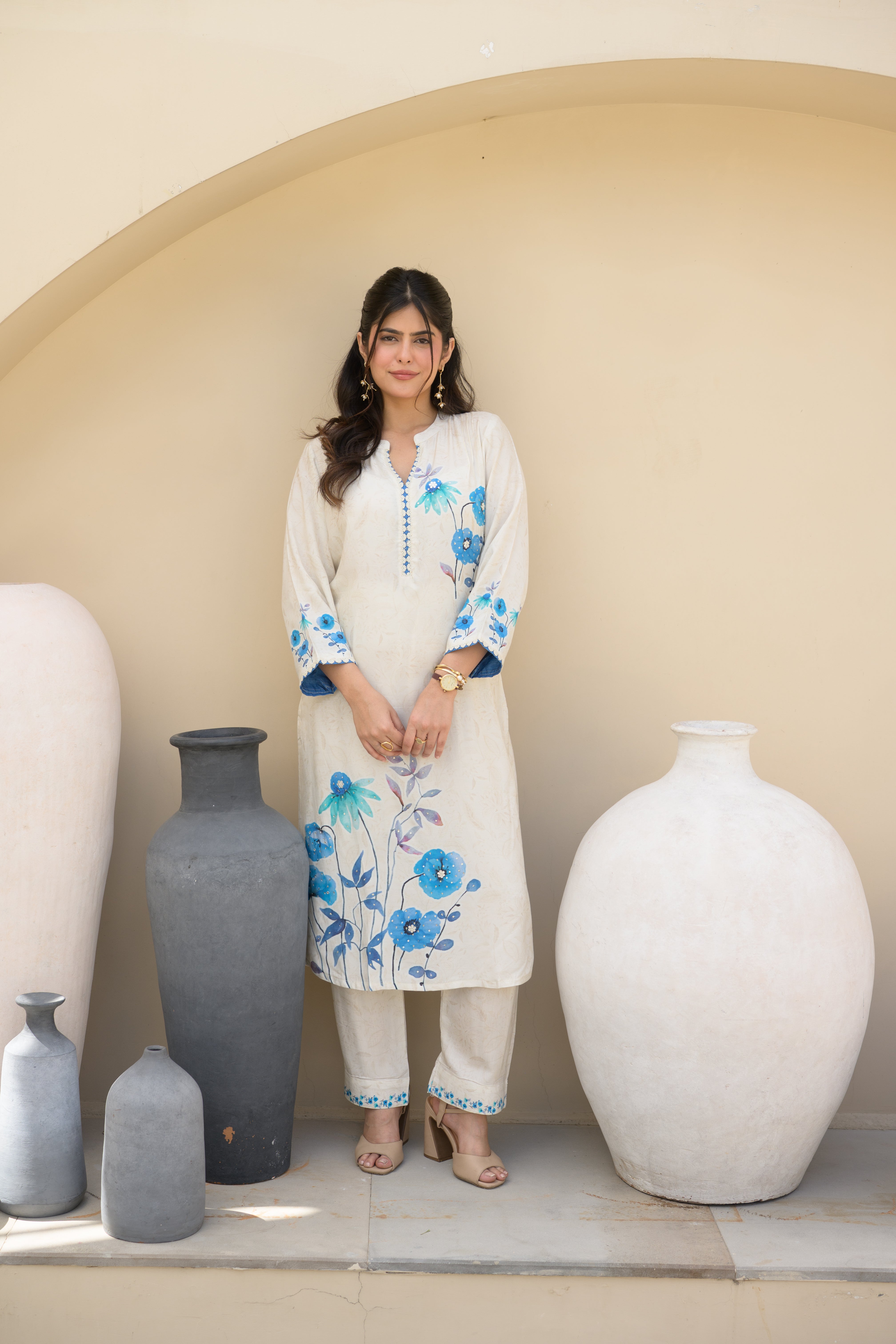 Off White Blue Floral Placement with Sequence and Tari work Muslin Kurta Set