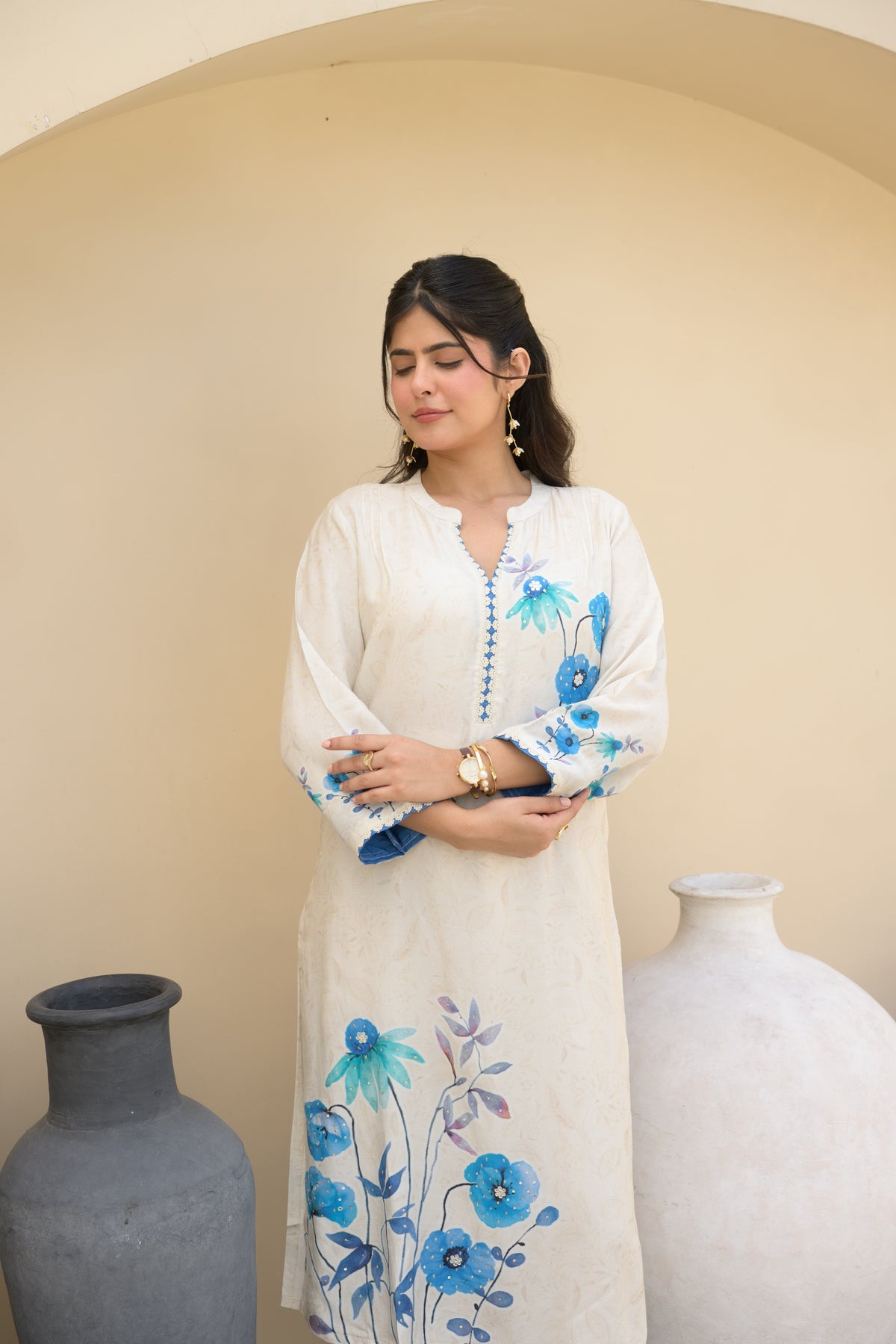 Off White Blue Floral Placement with Sequence and Tari work Muslin Kurta Set
