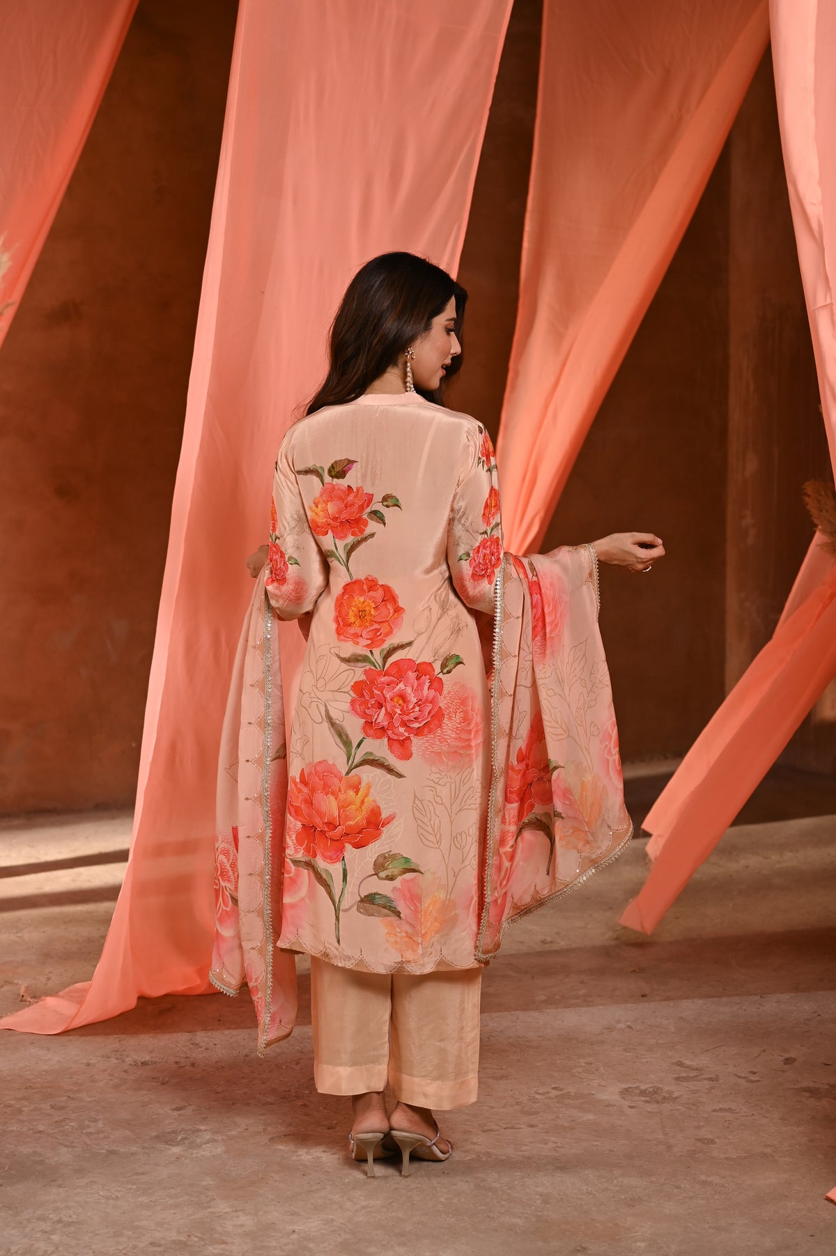 Peach Floral Print Crepe Suit with Scallaop Gota and Tari Work Dupatta