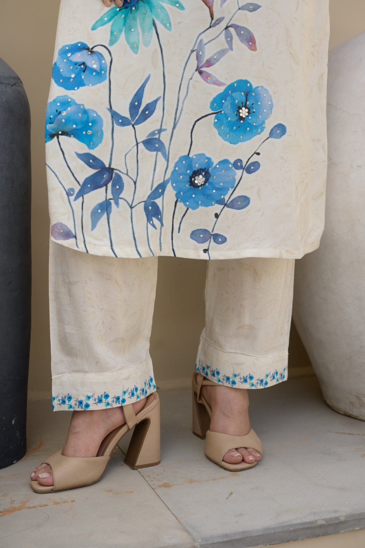 Off White Blue Floral Placement with Sequence and Tari work Muslin Kurta Set