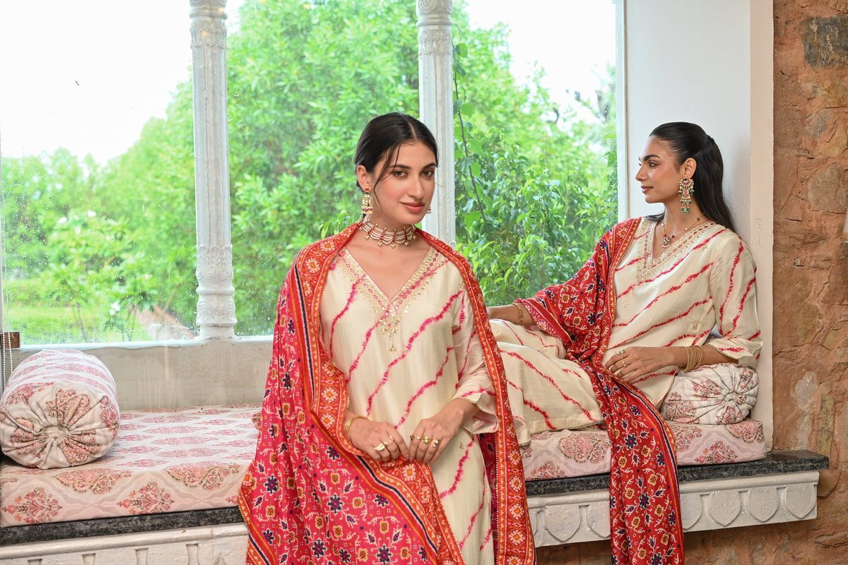 Red  Lehariya with Patola print dupatta Dola silk with Gota and Hand Work on Neck Suit Set