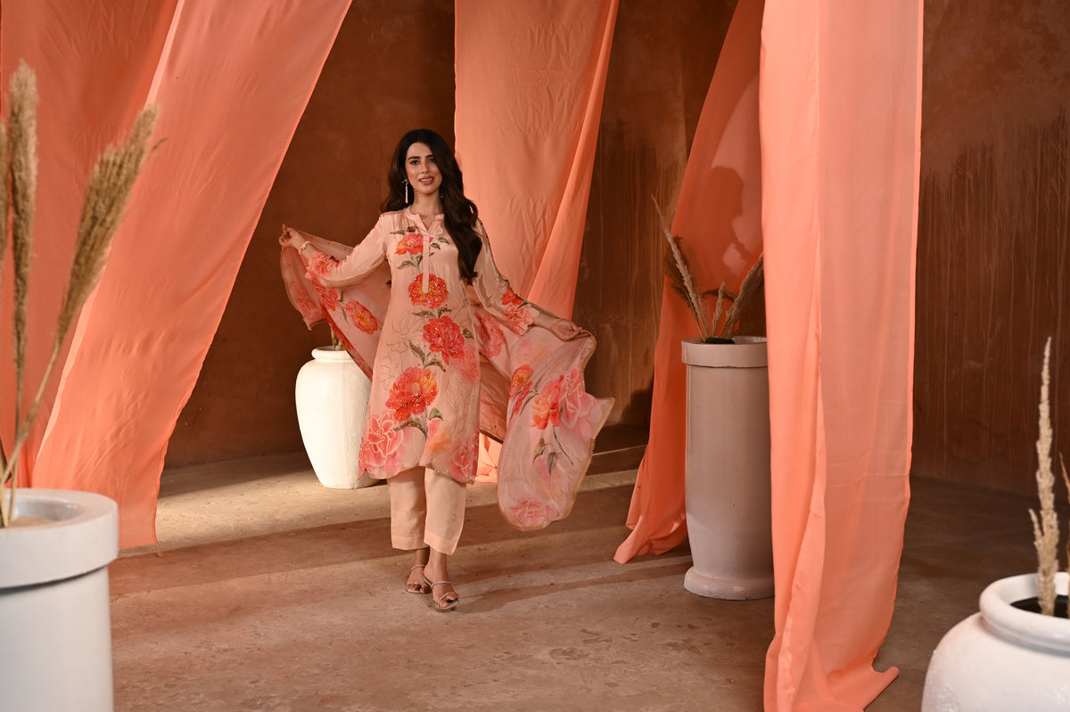 Peach Floral Print Crepe Suit with Scallaop Gota and Tari Work Dupatta