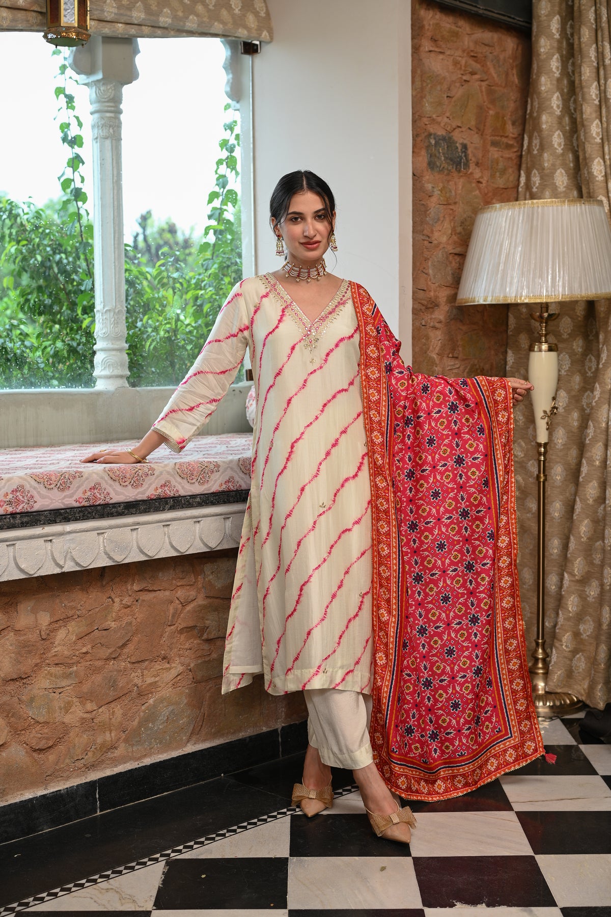 Pink Lehariya with Patola print dupatta Dola silk with Gota and Hand Work on Neck Suit Set