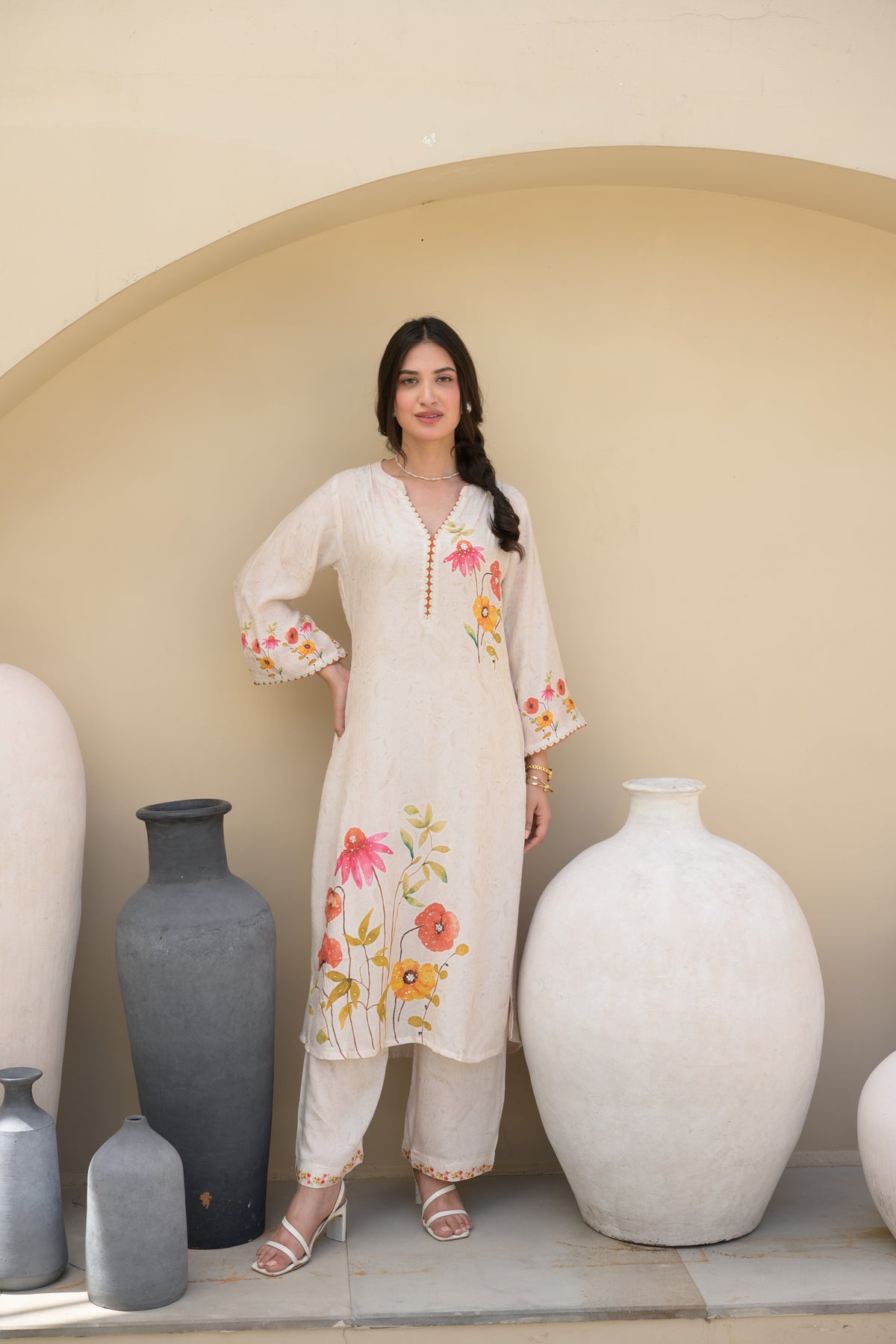 Off White Red Floral Placement with Sequence and Tari work Muslin Kurta Set