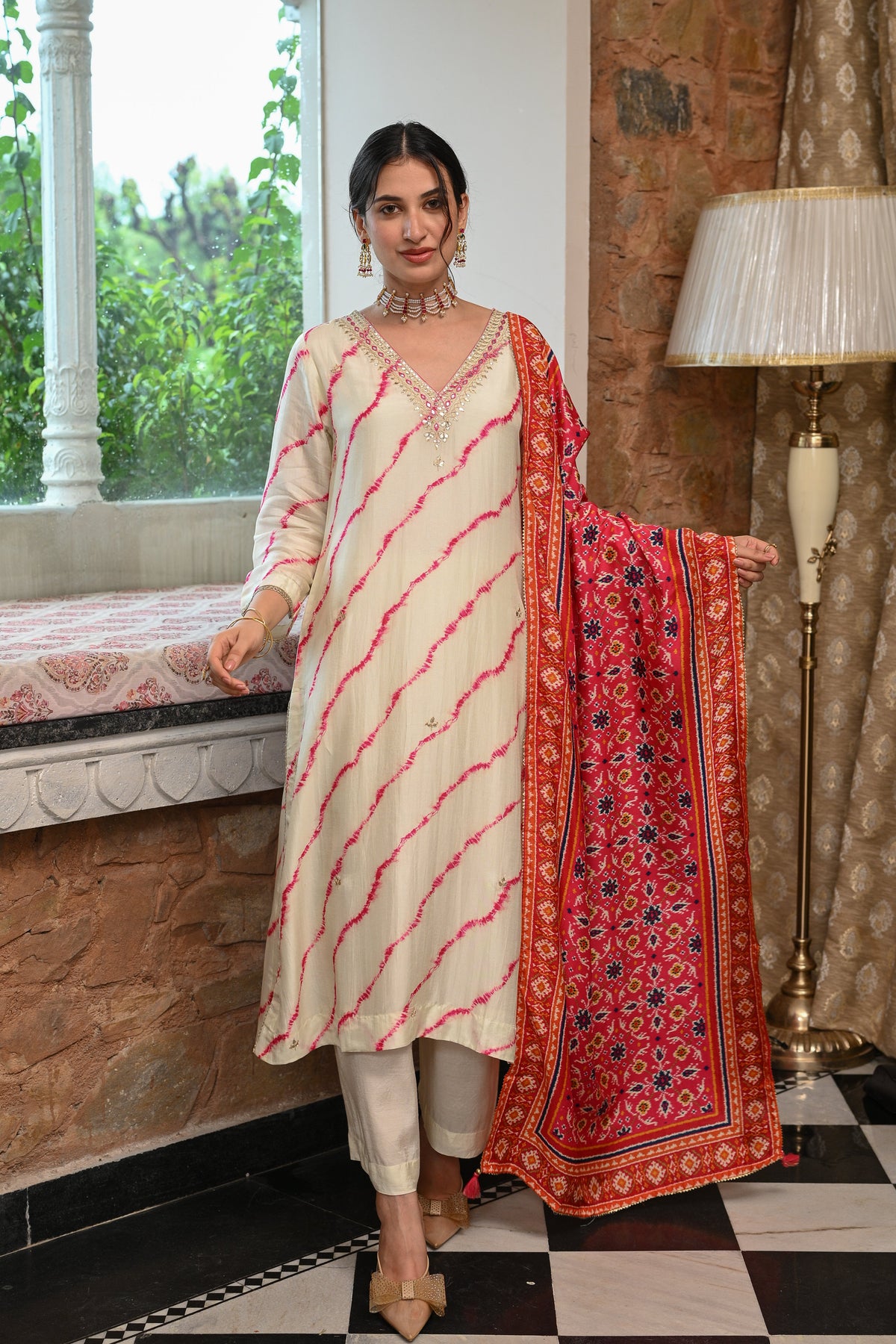 Pink Lehariya with Patola print dupatta Dola silk with Gota and Hand Work on Neck Suit Set