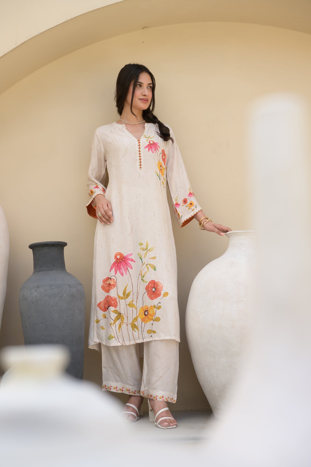 Off White Red Floral Placement with Sequence and Tari work Muslin Kurta Set