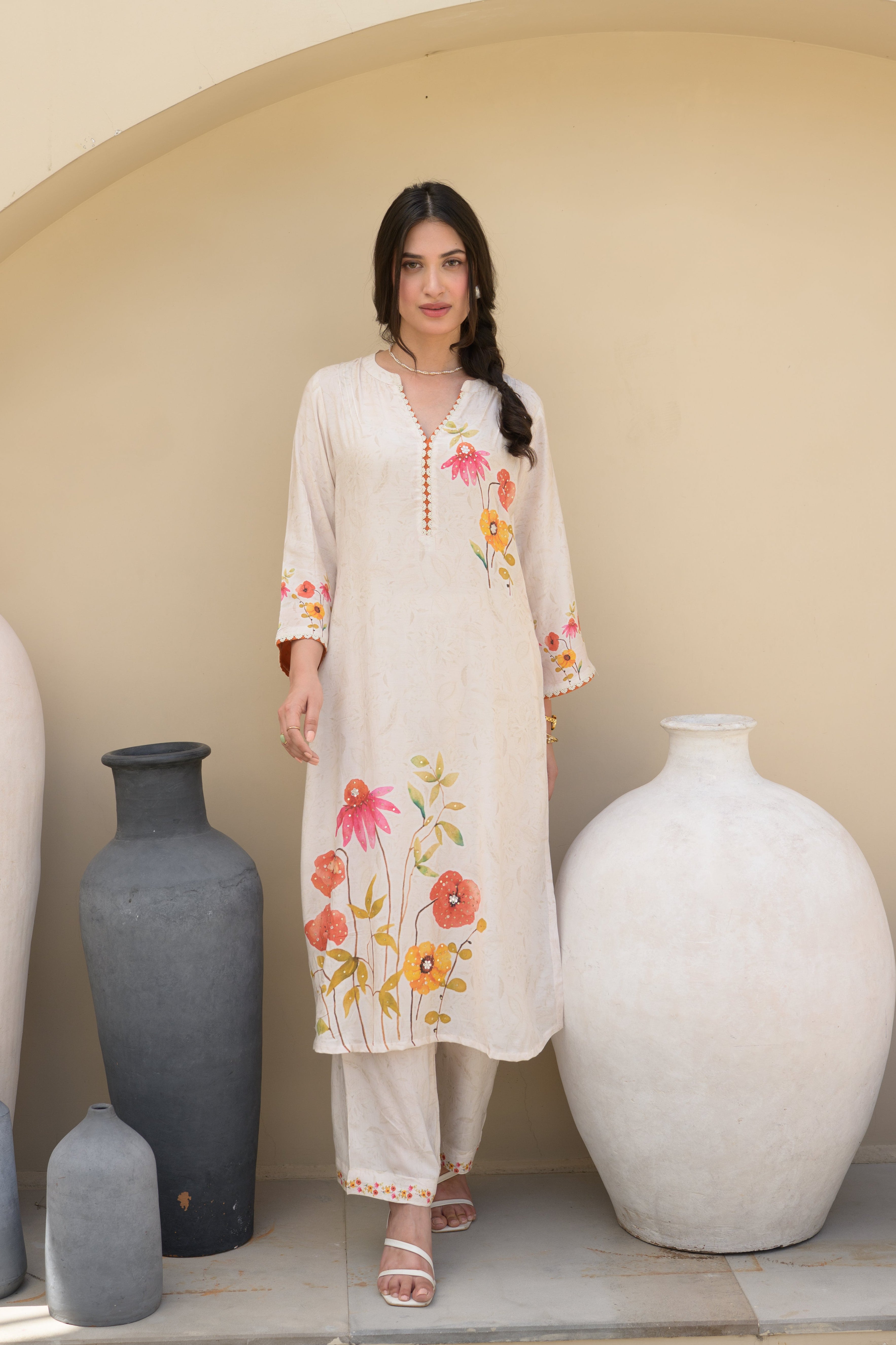 Off White Red Floral Placement with Sequence and Tari work Muslin Kurta Set