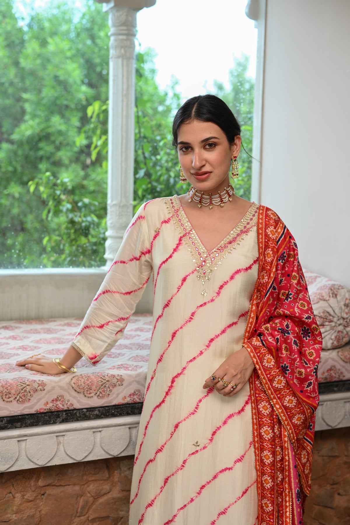 Pink Lehariya with Patola print dupatta Dola silk with Gota and Hand Work on Neck Suit Set