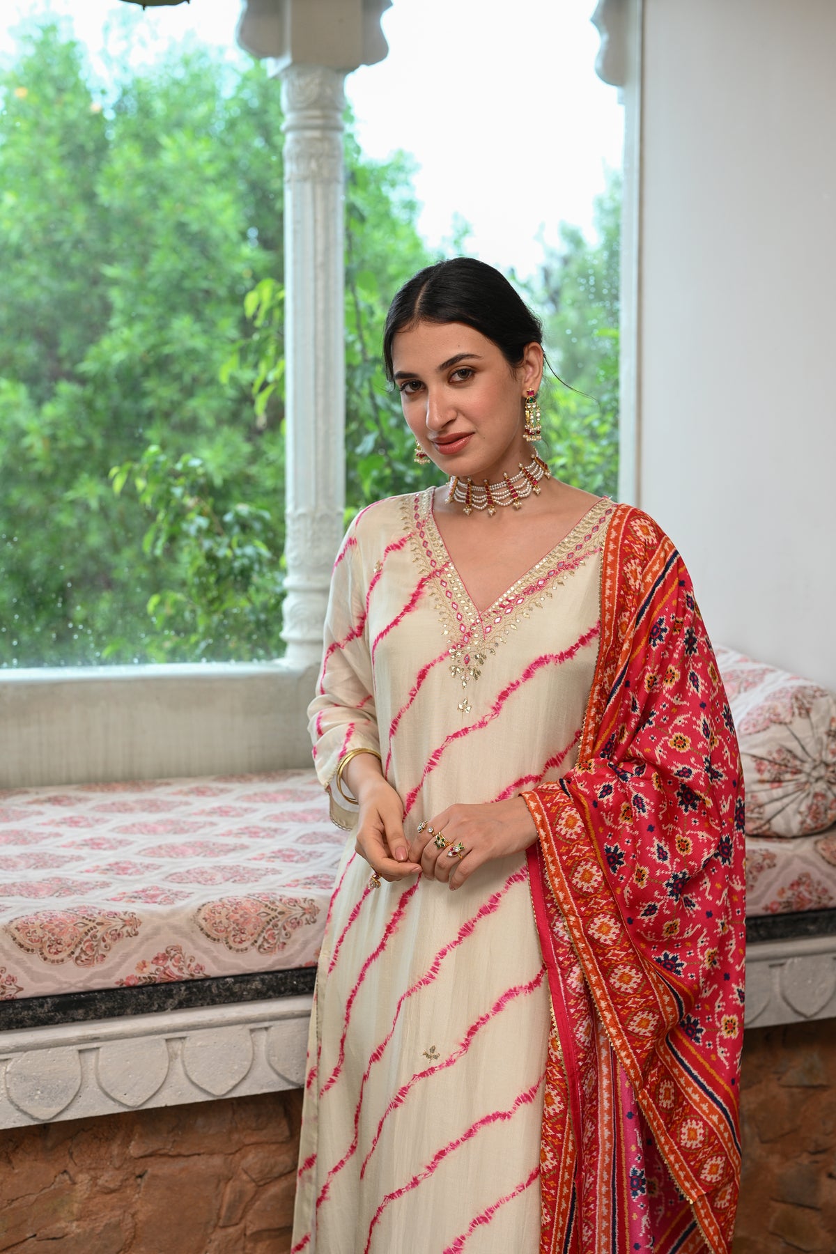Pink Lehariya with Patola print dupatta Dola silk with Gota and Hand Work on Neck Suit Set