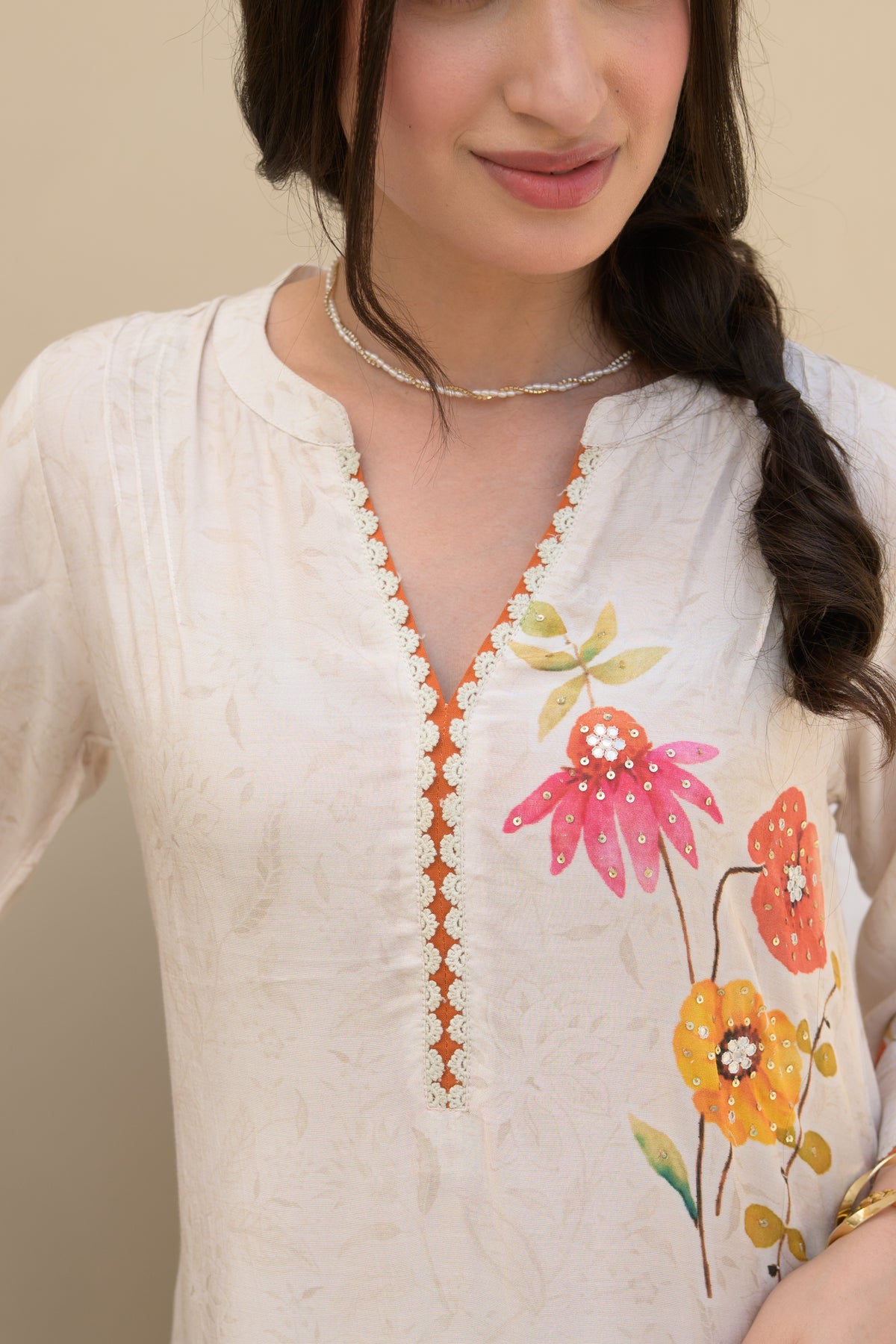 Off White Red Floral Placement with Sequence and Tari work Muslin Kurta Set